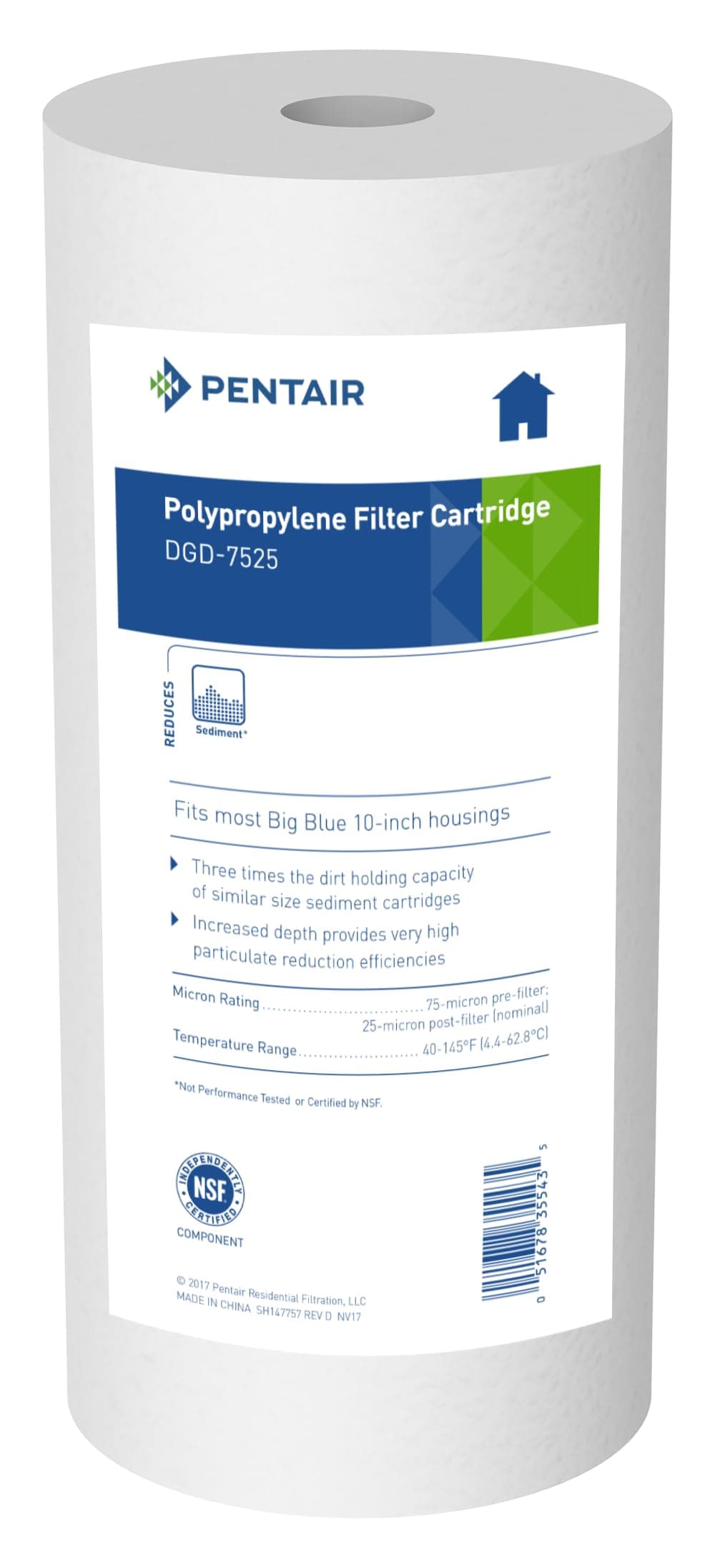 Pentair Pentek DGD-7525 Big Blue Water Filter, 10-Inch Whole House Sediment Filter Cartridge Replacement, Dual-Gradient Density Spun Polypropylene, 10" x 4.5", 25 Micron, Pack of 1