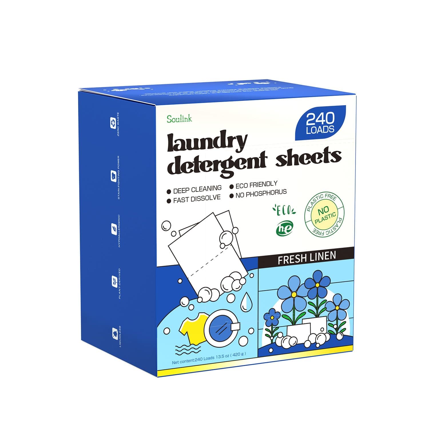 Soulink Laundry Detergent Sheets Fresh Linen Scent 240 Loads,Eco Friendly Detergent Strips for Travel & Home - No Plastic Jug Soap Strips, Plant-based, Hypoallergenic. Safe for Sensitive Skin