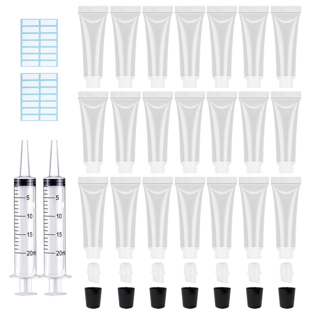 50PCS 10ml Black Lip Gloss Tubes Empty Clear Lip Balm Containers Refillable Soft Cosmetic Squeeze Tubes for Lip Gloss Base Glitter Pigment Powder 2 Syringes + Tag Labels Stickers