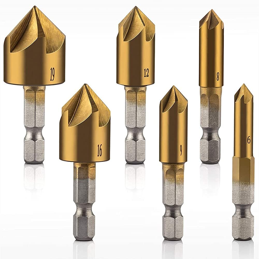 High Speed Steel 6Set Sichumaria Countersink Drill Bit 1/4'' Hex Shank Hss 5 Flute Countersink 90 Degree Center Punch Tool Sets For Wood Quick Change Bit 6Mm-19Mm