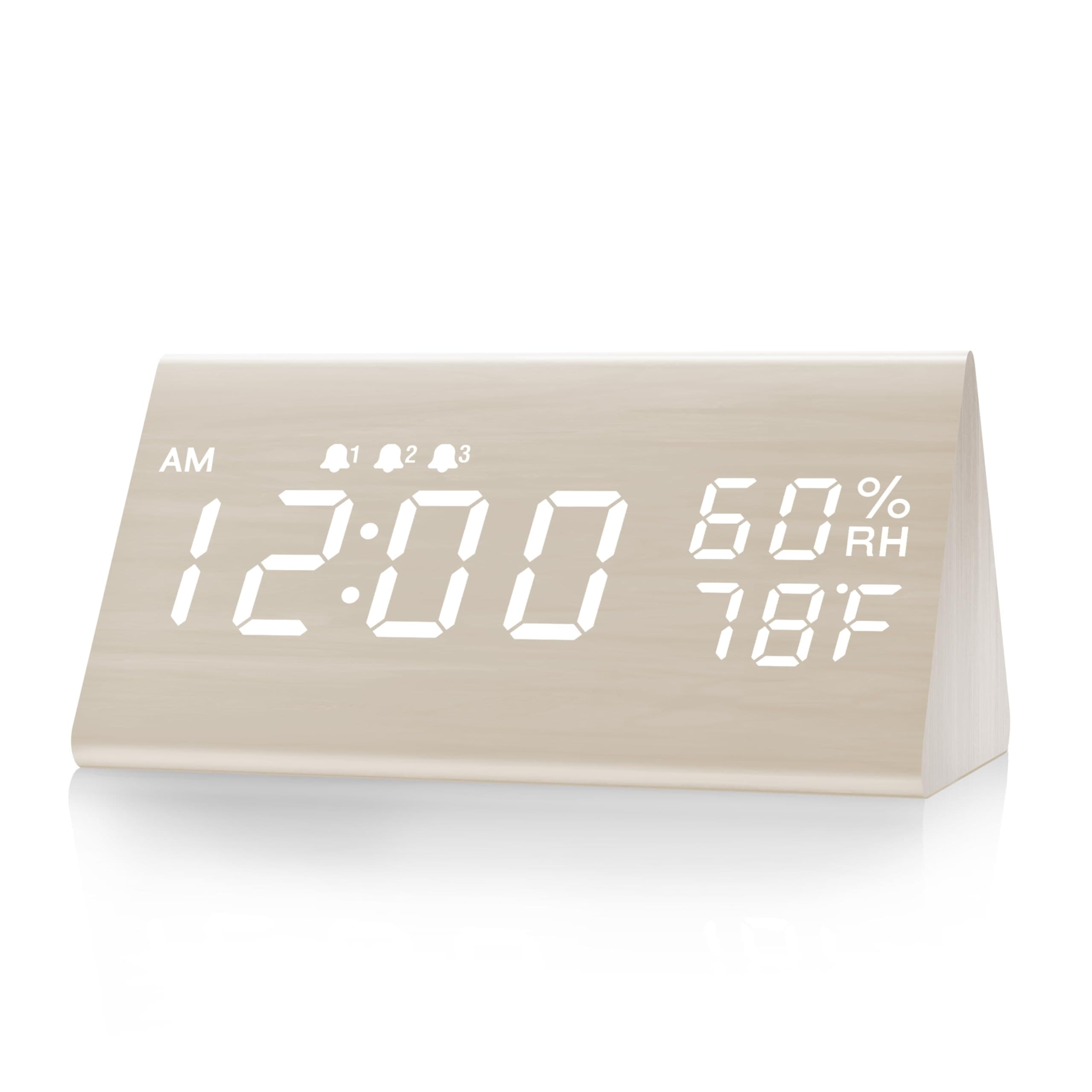 Digital Alarm Clock, with Wooden Electronic LED Time Display, 3 Alarm Settings, Humidity & Temperature Detect, Wood Made Electric Clocks for Bedroom, Bedside, Desk, White