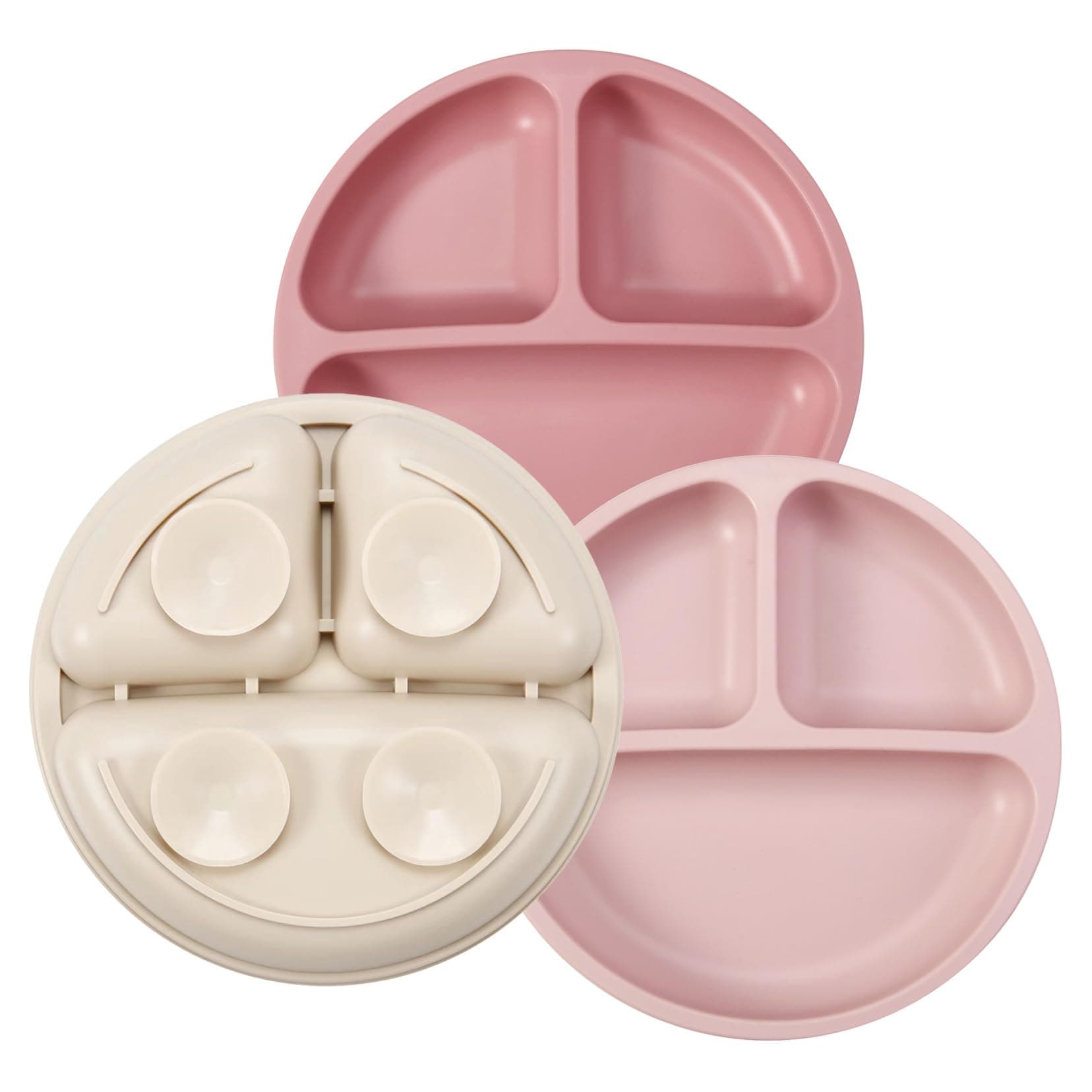 PandaEar Silicone Baby Plates - 3 Pack, Suction, Divided, Weaning & Dinner Set, BPA-Free (Pink, Linen, Light Pink)