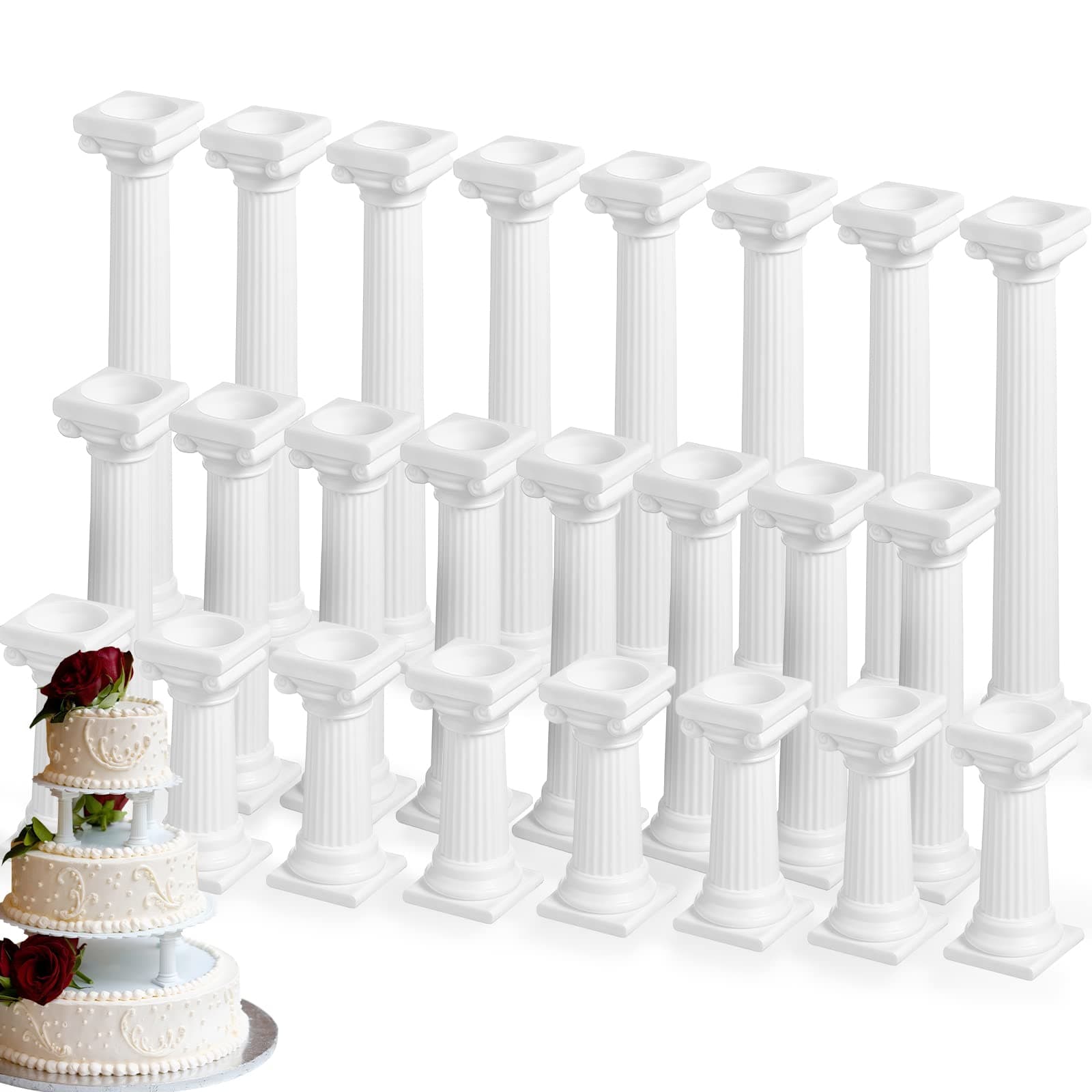 24 Pcs 3 Size Fondant Cakes Tier Separator Support Stand Roman Column Cake Tiered Stands Multilayer Pillars Oman Column Wedding Decoration Support Tool Sets for Wedding Cupcake Display