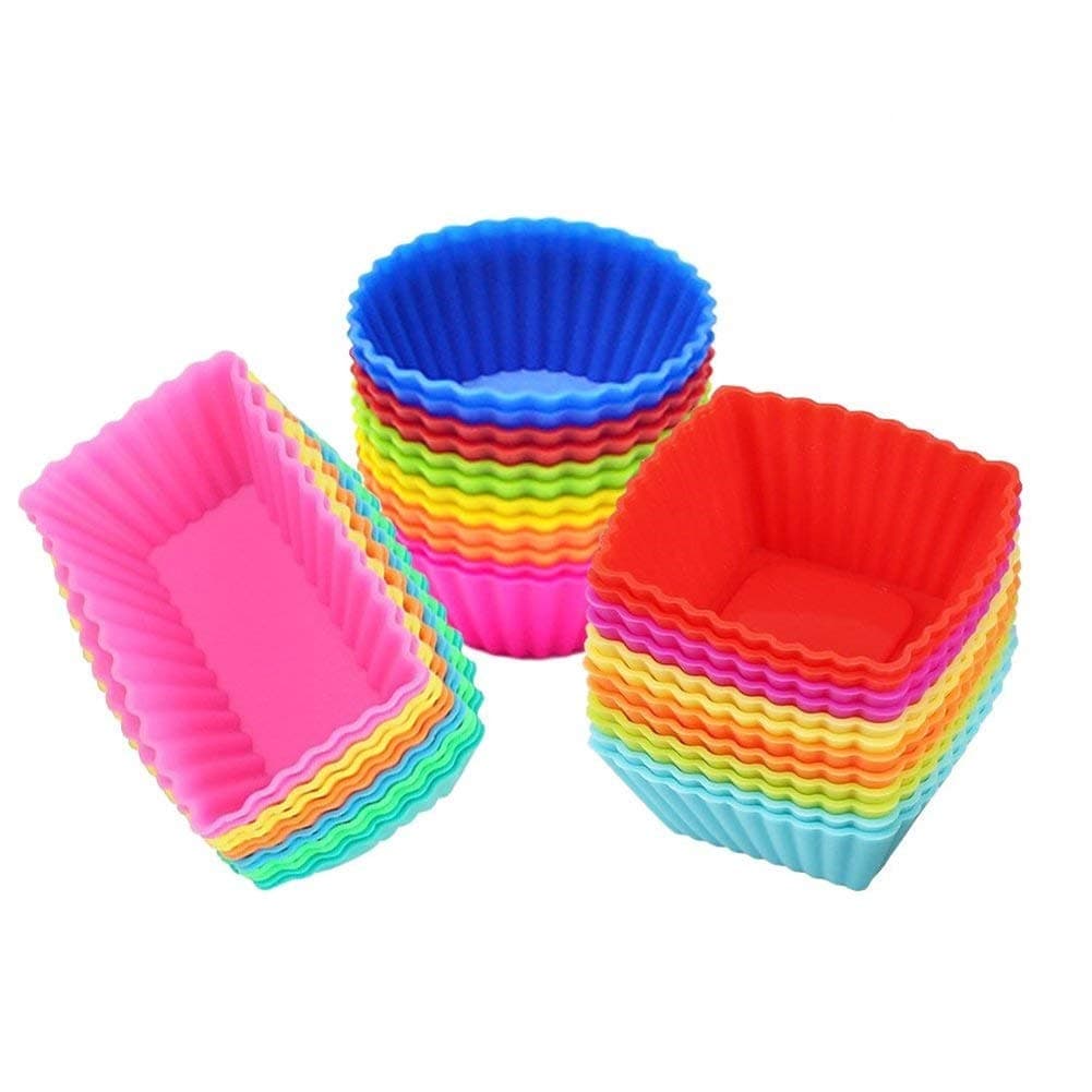 Silicone Cupcake Moulds, Blufied 24 Pack Reusable Nonstick Baking Cases Muffin Moulds for Cakes Ice Creams Puddings Jelly, 3 Shape Random Rainbow Colors