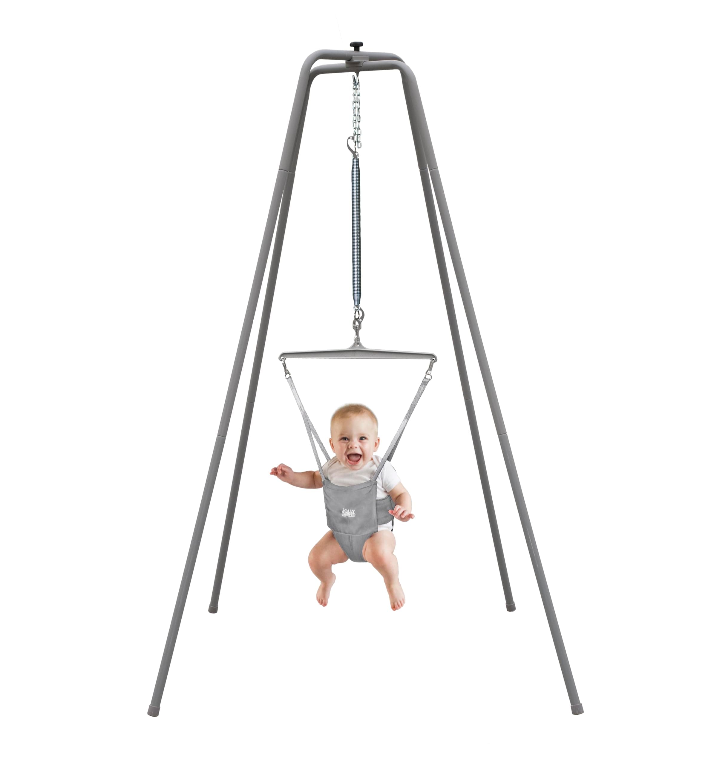 Jolly Jumper Elite (Grey) Baby Exerciser - Sturdy Frame, 6 ft Tall Stand Baby Jumper, Indoor and Outdoor Exercise Saddle Seat, Adjustable Height, for Infants up to 28 lbs