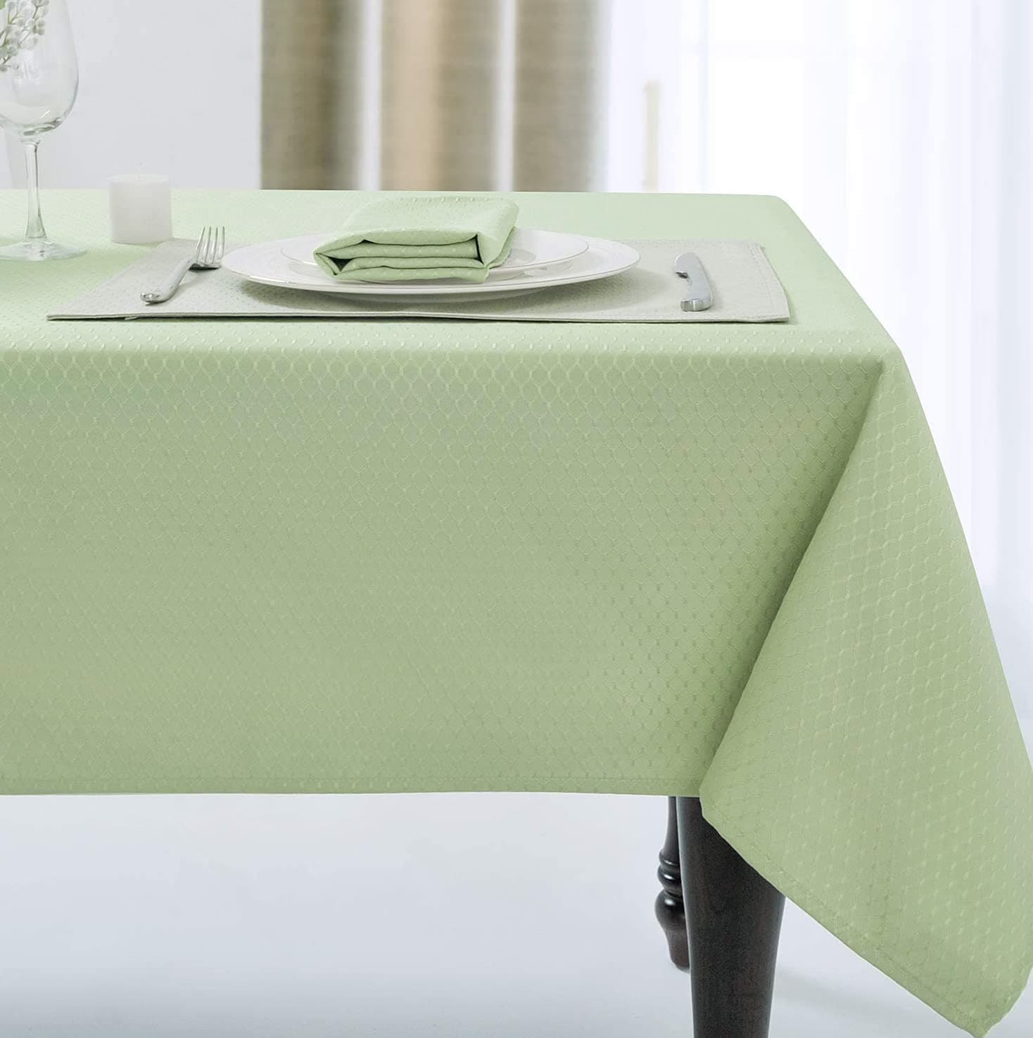 JUCFHY Jacquard Morrocan Green Rectangle Table Cloth Oil-Proof Spill-Proof and Water Resistance Tablecloth,Decorative Fabric Table Cover for Spring, Easter, Outdoor and Indoor Use, 60 x 84 Inch