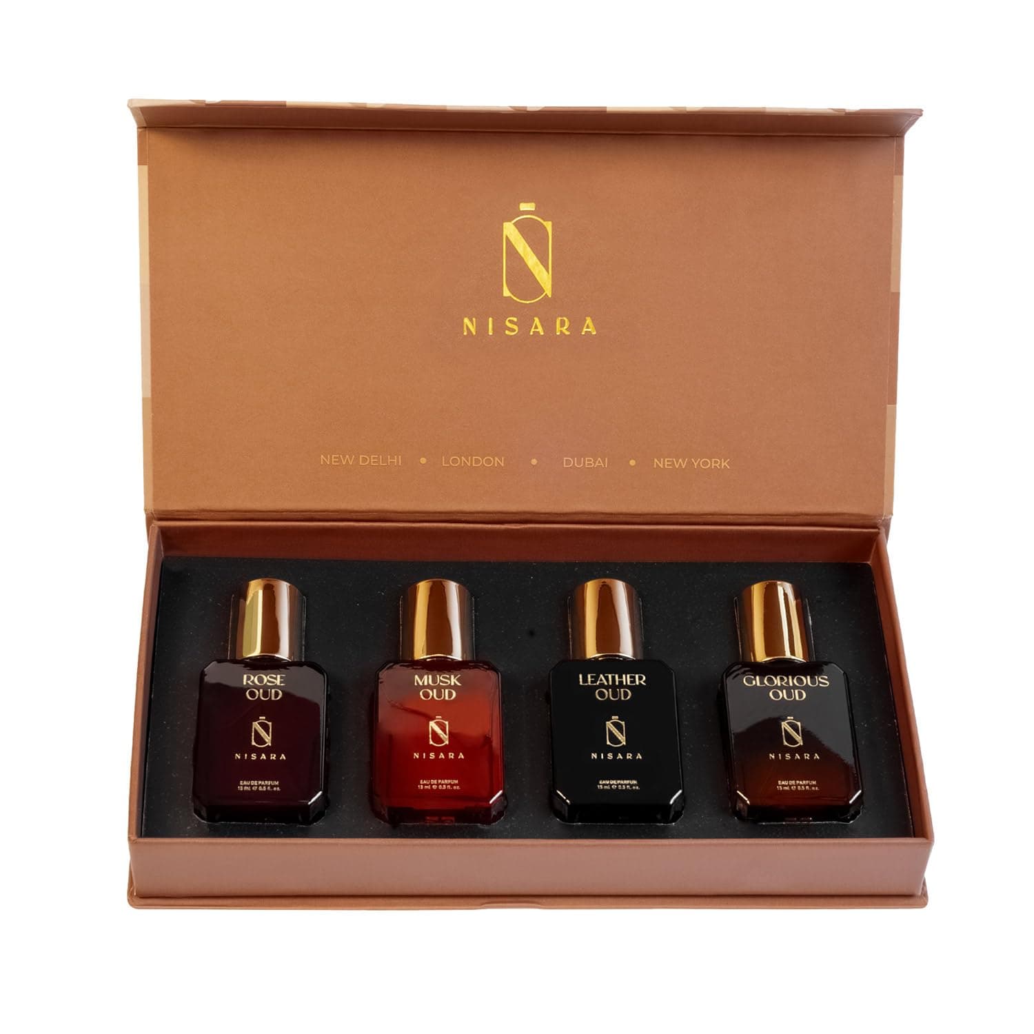 Long-Lasting Unisex Oud Gift Set 4x15ml(60ml) | Notes:- Rose, Musk, Leather, Woody Oud | Travel & Pocket-Friendly Perfume Kit for All Moods & Occasions | Perfect for Men, Him, Her Woman, Wife
