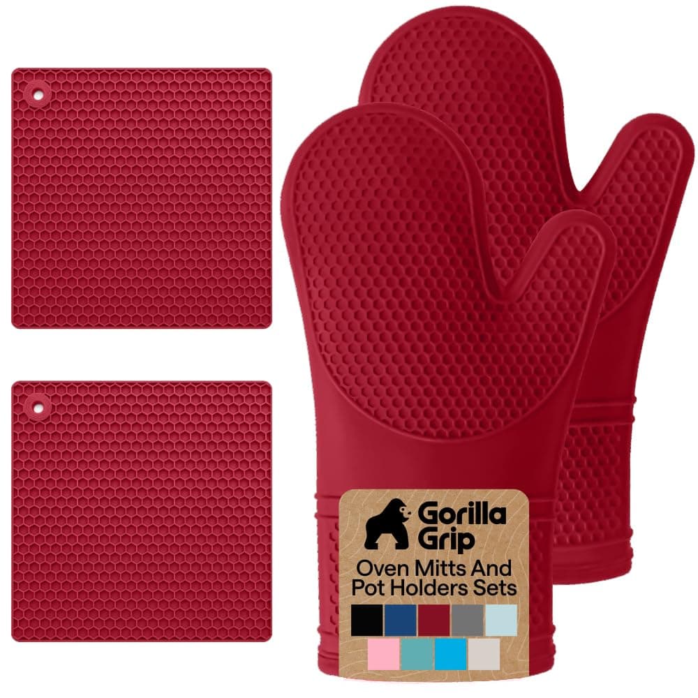 GORILLA GRIP BPA-Free Soft Silicone Oven Mitts and Pot Holders Sets of 4, Heat Resistant Waterproof Cooking Gloves, Thick Cotton Lining, Flexible Gripping for Baking Grilling, Kitchen Trivets, Red