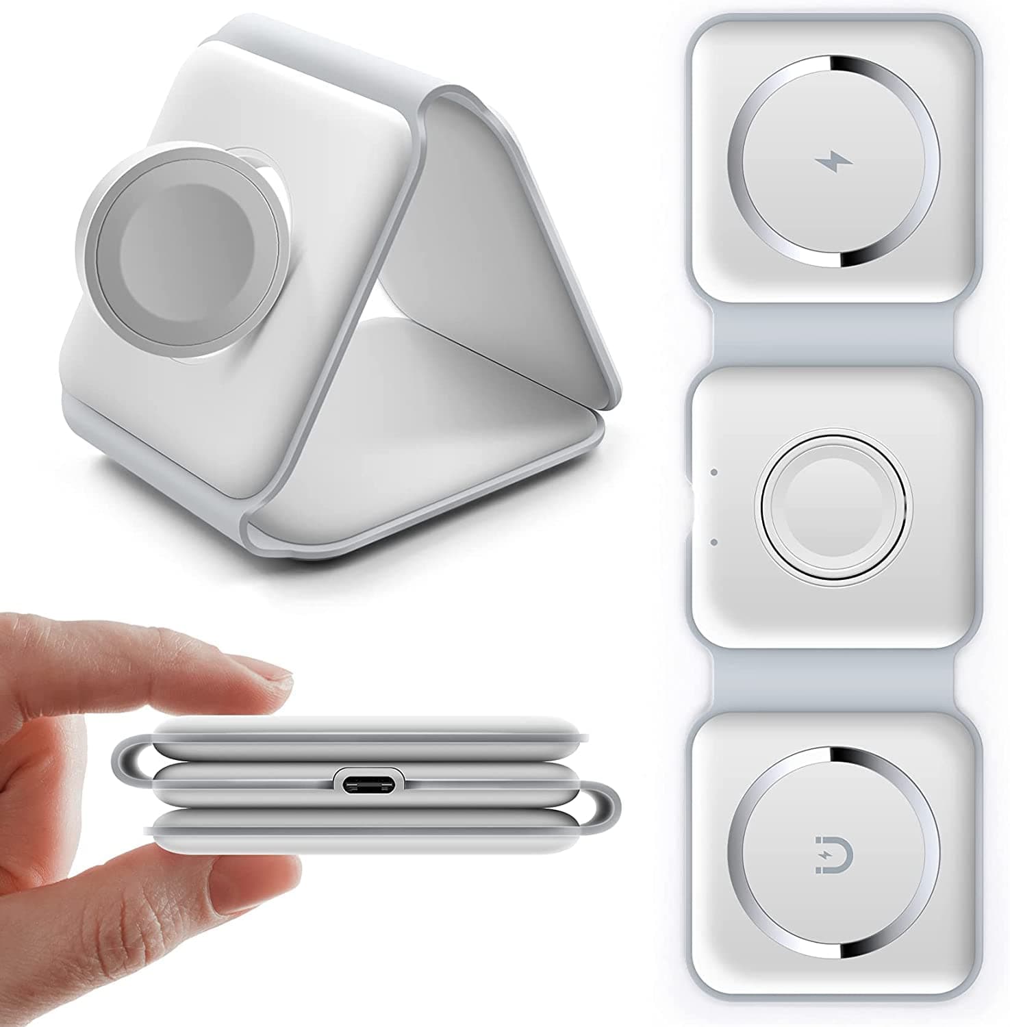 Padom 3 in 1 Wireless Charger,Magnetic Foldable Charging Station,Fast Wireless Charging Pad (WHITE) USB