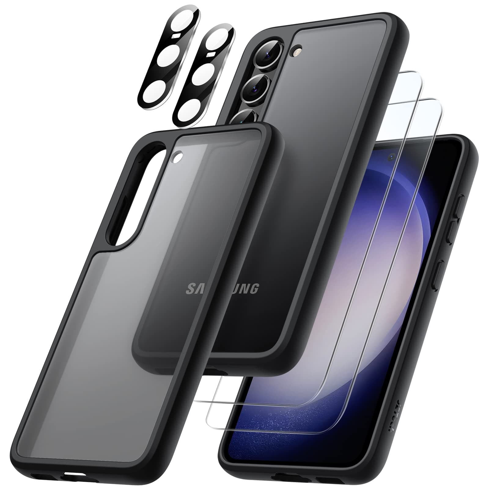 – JETech 5 in 1 Matte Case for Samsung Galaxy S23 5G 6.1-Inch with 2 Screen Protector and 2 Camera Lens Protector, Translucent Back Protective Phone Cover, Tempered Glass Film (Black)