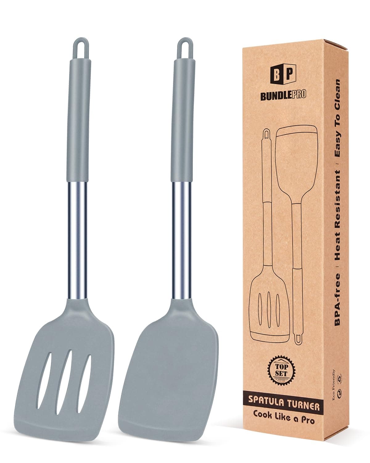 Pack of 2 Silicone Solid Turner, Non Stick Slotted Kitchen Spatulas, High Heat Resistant BPA Free Cooking Utensils, Ideal Cookware for Fish, Eggs, Pancakes(Gray)