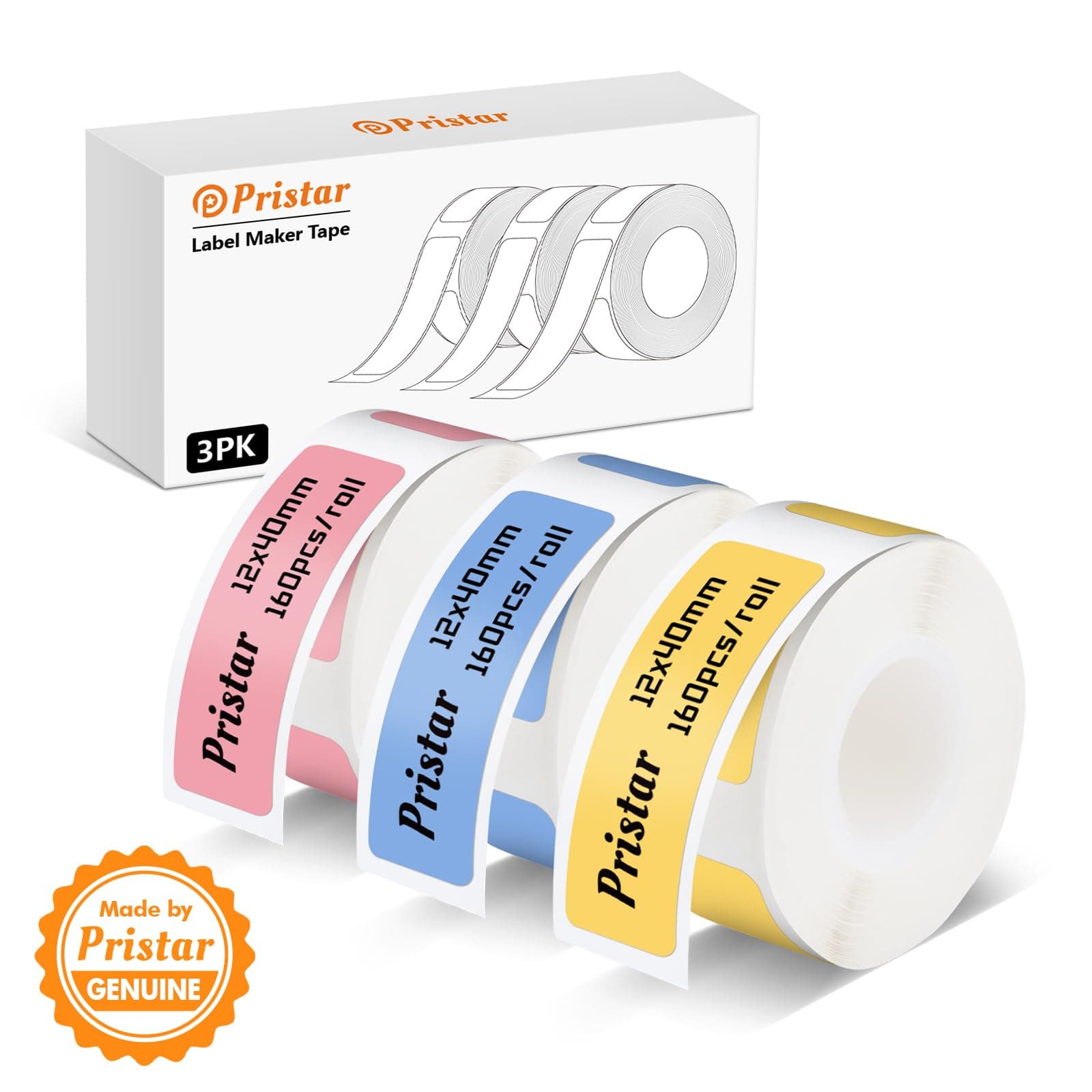 Pristar P15 Labels, 3 Rotoli 12 mm x 40 mm Nastro Adesivo per Termiche, Compatible with P15 Label Maker, Pink + Giallo + Blue, 160 Labels / Rotolo