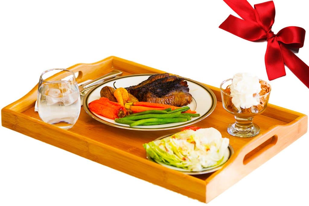 Extra Large Super Sturdy Bamboo Serving and Butler Tray with Handles- Ideal for 3-Course Meals- Wine Glasses, Plates, Bowls, Pitchers, Tea or Coffee- Wooden Tray Food Server Gift-19.6 x 13.7 x 2.3in