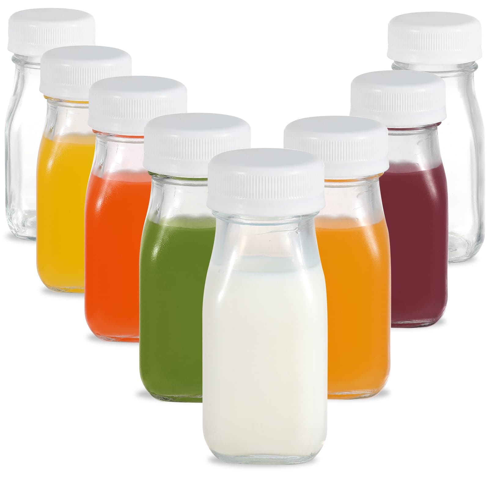 LIMILI 8 pack 100ml Small Glass Bottles with Lids, Dairy Reusable Clear Glass Shot Bottles Drinking for Milk Juice Homemade Beverages Picnics Travel School