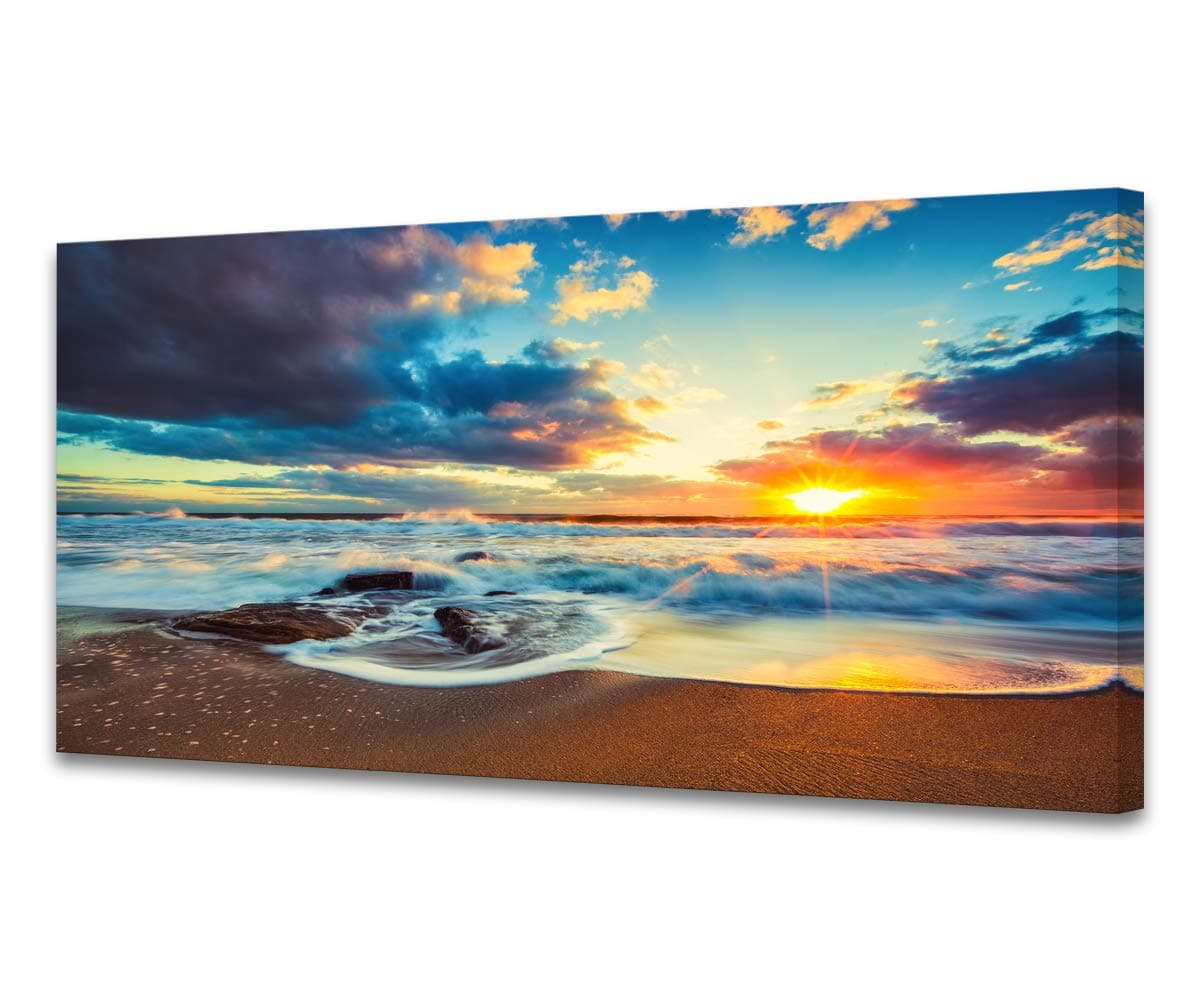 S04450 Wall Art Canvas Print Beautiful Cloudy Sunset Sky Scenery Ocean Picture Paintings on Canvas Sea Waves Beach Modern Artwork Framed Ready to Hang for Living Room Wall Decor Home Office