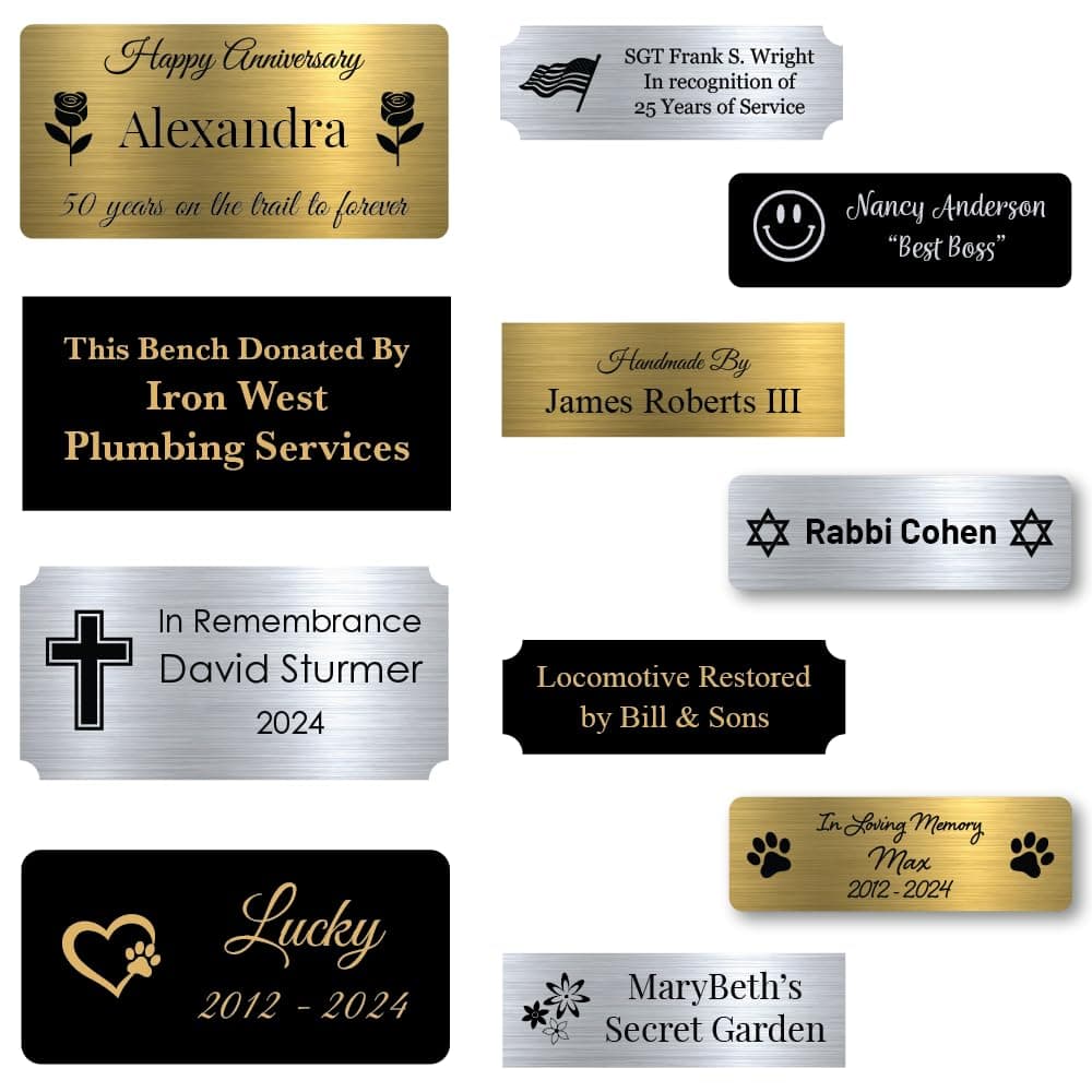 GEM AWARDS Custom Engraved Name Plate with Adhesive, Made in USA, Personalized Pet Memorial Plaque, Art Tag, Flag Case (Black Plate/Gold Text, 1x3 Inch)