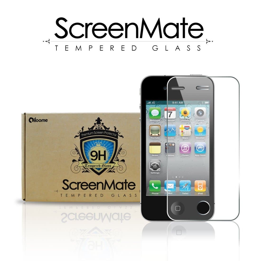 iloome iPhone 4/4S ScreenMate Real Tempered Glass 9H Hardness Premium Screen Protector with Oleophobic Coating