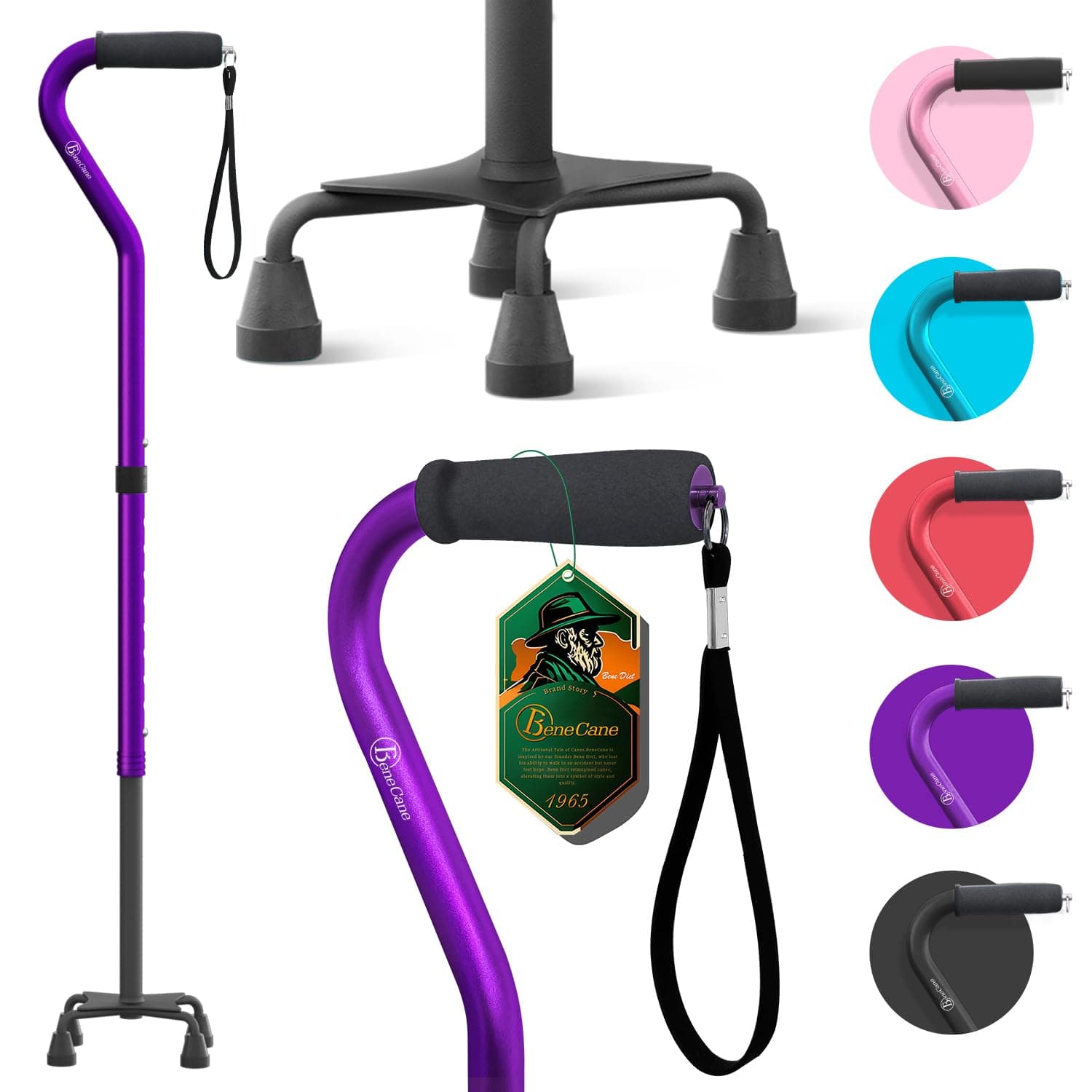 BeneCane Walking Cane for Women and Men-Large Quad Cane-Foldable and Sturdy Offset Walking Cane-Portable 4 Prong Canes for Men and Women