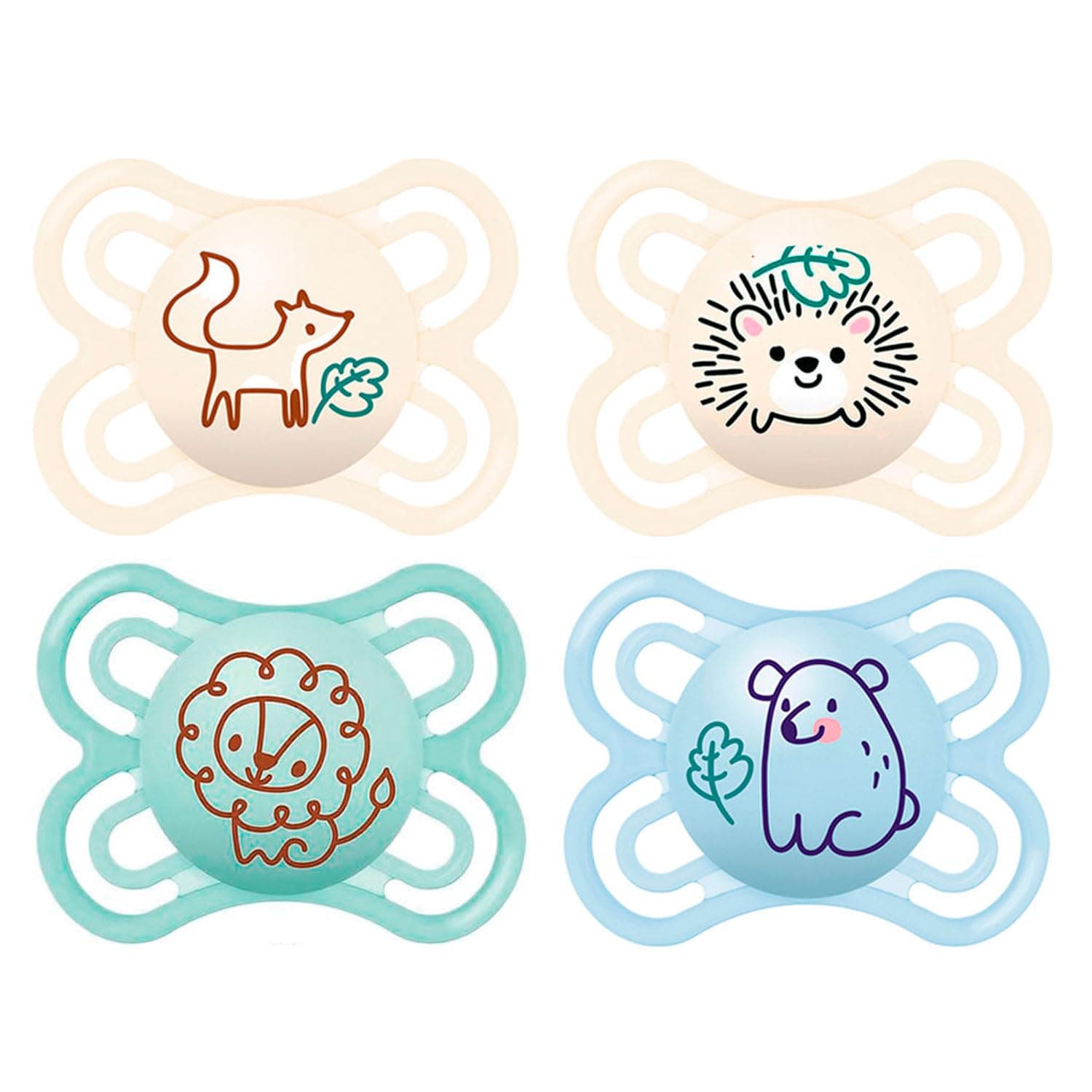 MAM Skin Soft Silicone Dummies 0-6 months Boys 4 pieces, 2 travel boxes