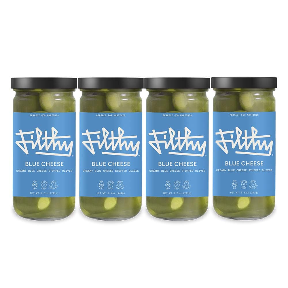 Filthy Blue Cheese Stuffed Olive Case - Premium Martini Garnish - Made in the USA, Non-GMO & Gluten Free - 8oz, 4 Count (Packaging May Vary)