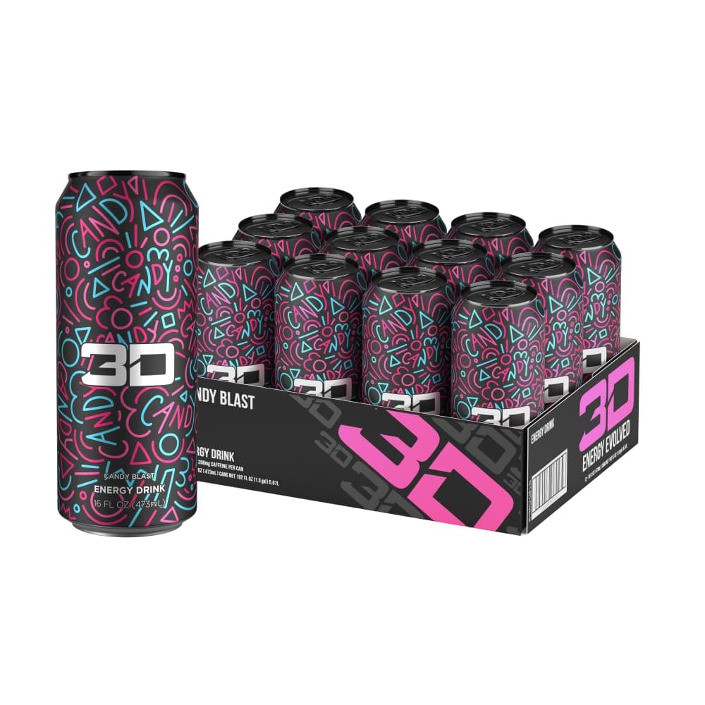 3D Energy CANDY BLAST | Sugar Free Energy Drink | Pre Workout Energy | 200mg Caffeine with Taurine and L-Carnitine | 16 Fluid Ounce | 12 Pack | Black