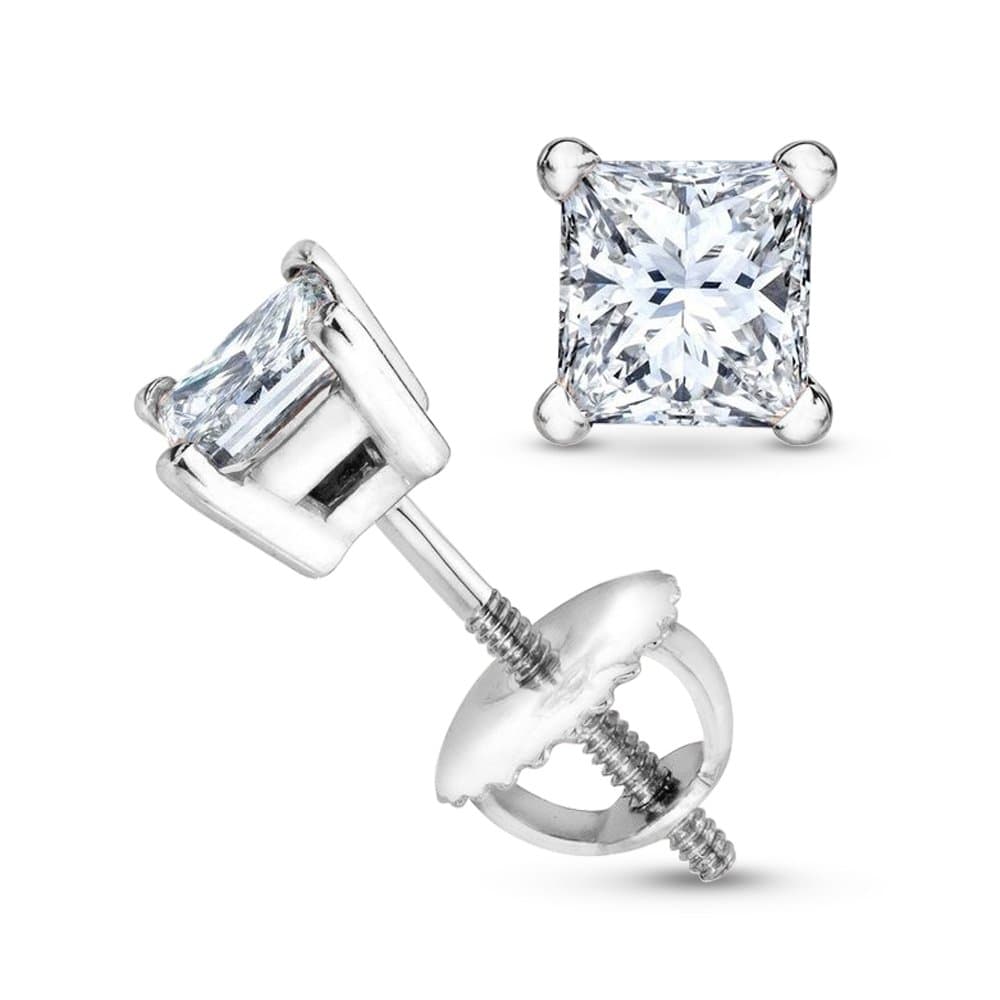0.5 Carat Solitaire Diamond Stud Earrings for Women Princess Cut 4 Prong Screw Back (J-K Color, I2 Clarity)