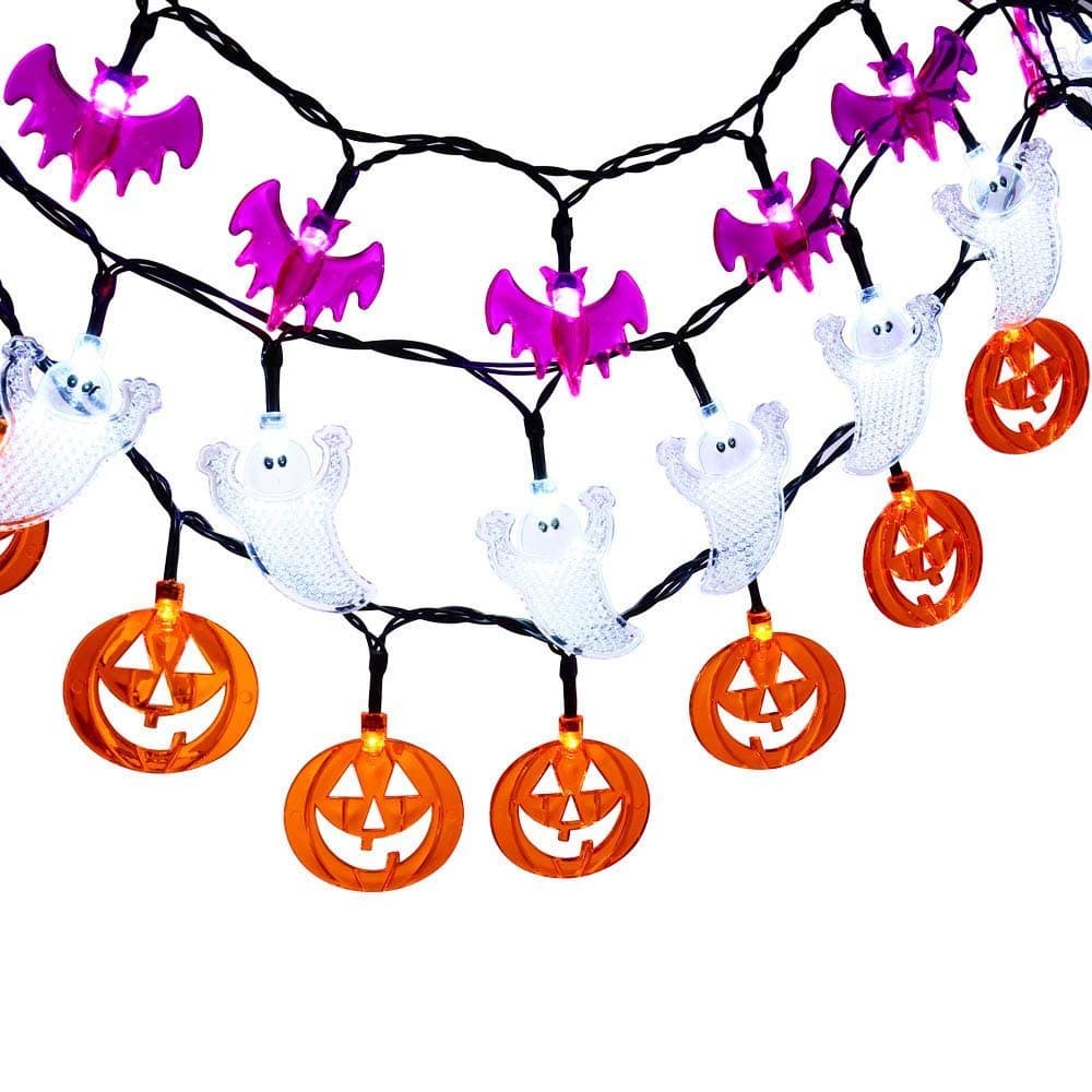 Set of 3 Battery Powered Halloween String Lights, 20 LED Halloween Decorative Lights for Indoor and Outdoor Decorations - White Ghost/Orange Pumpkin/Purple Bat