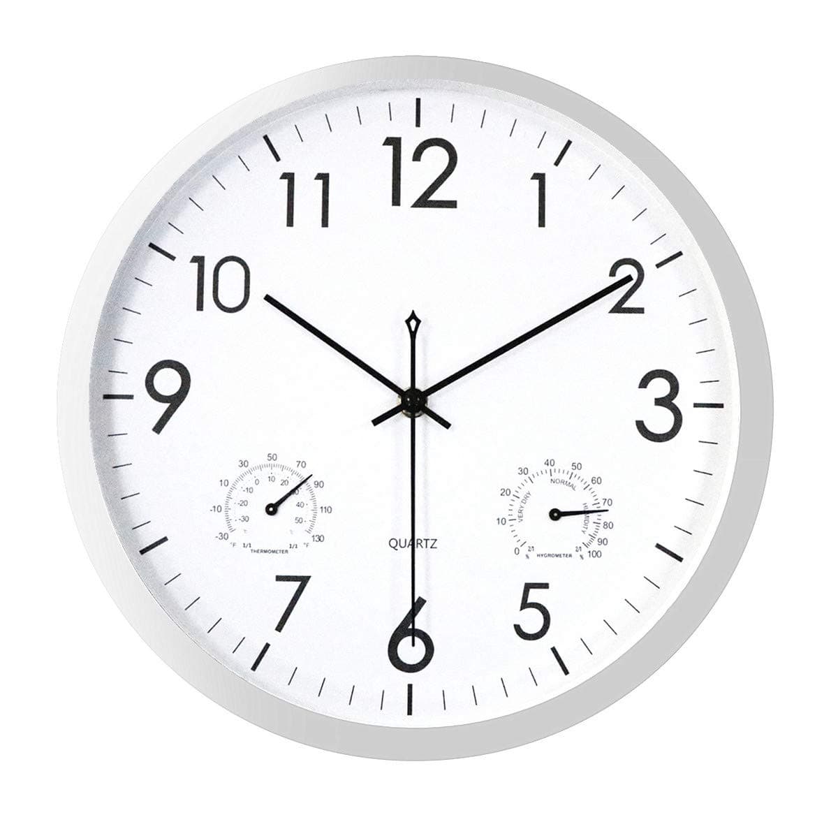 Foxtop Thermometer Wall Clock, Large 12 Inch Modern Silent Non-Ticking Outside Temperature Clock for Indoor Semi-outdoor Garden Kitchen Bathroom Bedroom Living Room Office (Silver)