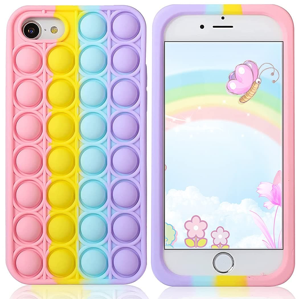 aupartuds Pop It Phone Case For Iphone 8 7 6,Stress Reliever Push Pop Bubble Fidget Toys Cover,Cute Funny Soft Silicone Protecive Shell For Iphone Se 4.7 Inch-Rainbow,Multi-coloured