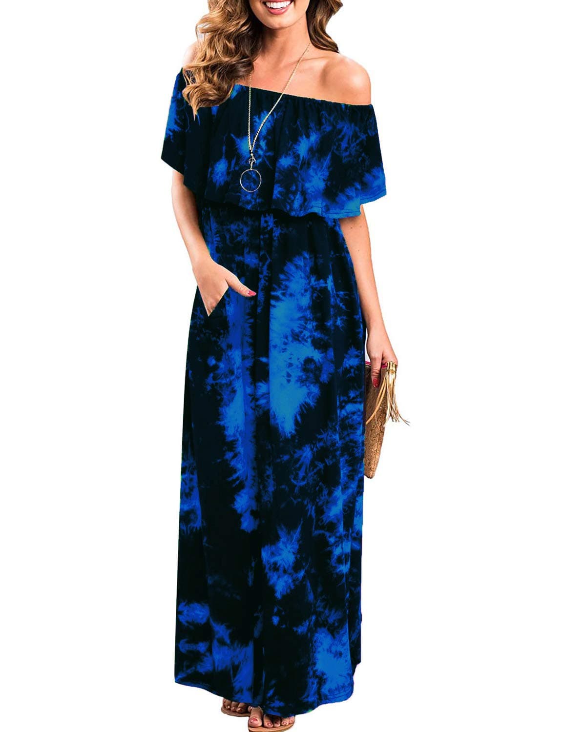 Long Maxi Dresses for Women, Plus Size Off Shoulder Beach Dress Tie Dye Shift Dress Royal Blue L