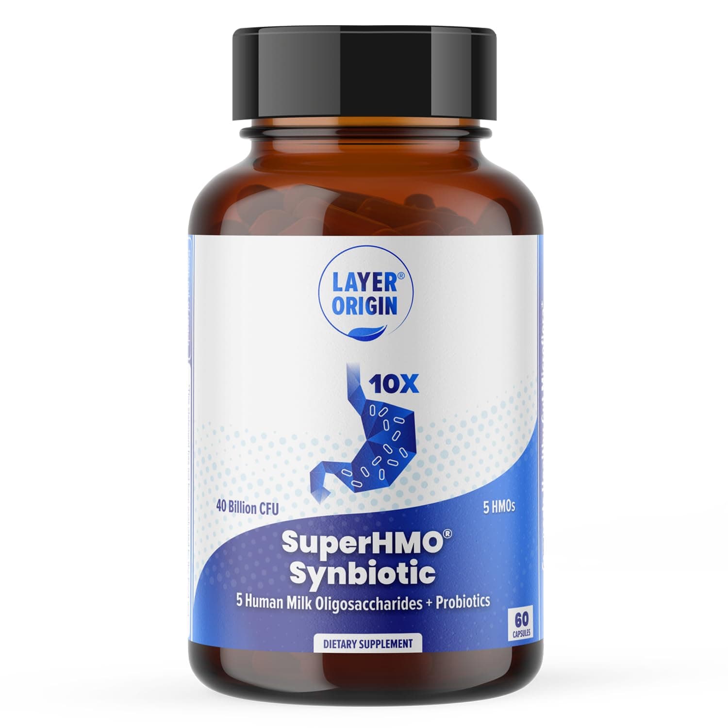 Layer Origin SuperHMO Symbiotic Capsules with 5 HMO Prebiotics and 40 Billion CFU Probiotics, 60 Count