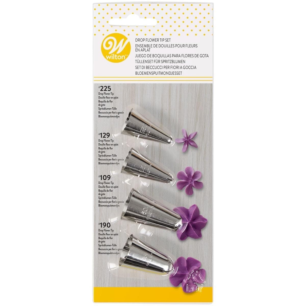 Drop Flower Tip Set 109, 129, 190, 125: Reusable Piping Tips for Flower Designs - Dishwasher Safe - Set of 4, Silver.
