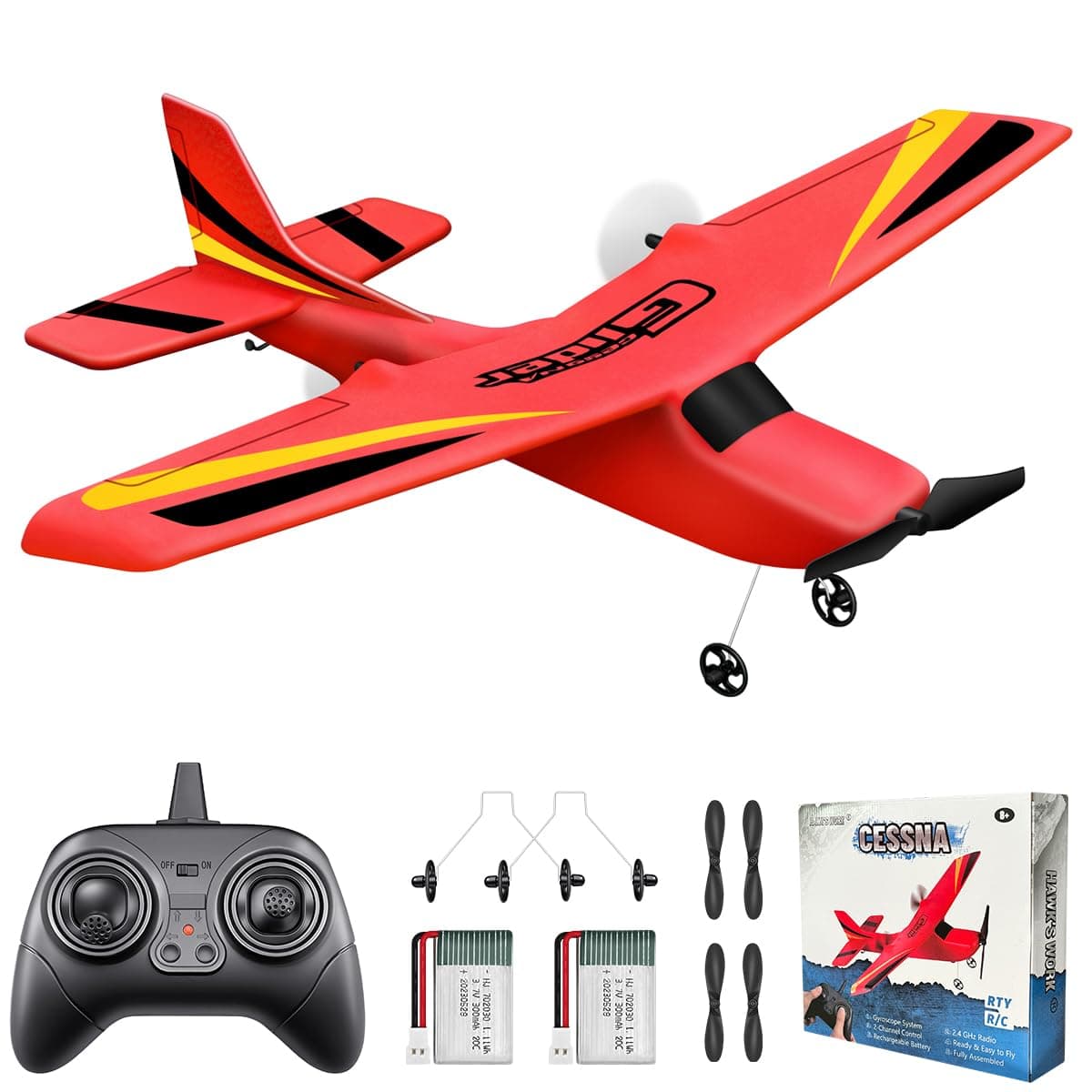 HAWK'S WORK 2-Channel RC Airplane, Ready-to-Fly RC Airplane, 2.4GHz Remote Control Airplane, Easy-to-Fly RC Glider for Kids & Beginners (Red)