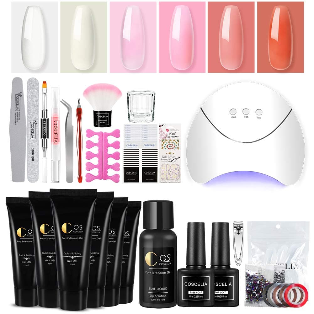 Poly Nail Gel Kit 6 Colors Extension Builder Nail Gel with 36W LED Light Nail Lamp Slip Solution Enhancement Kit Rhinestones False Nail Tips Nail Art Designs Manicure Tools Beginner Starter Kit
