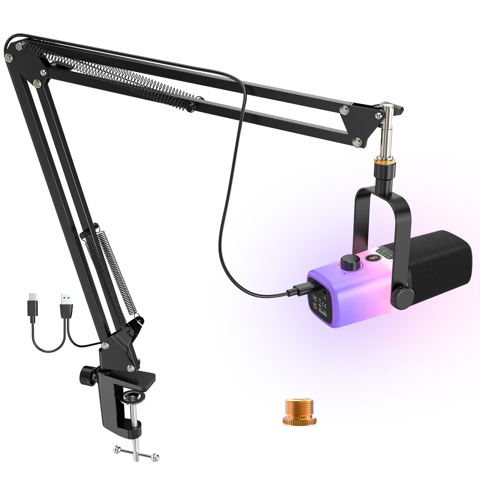 USB Gaming Microphone,PC Microphone for Phone Tablet with RGB for Streaming Podcast Vocal Recording ASMR, Computer Mic with Noise Cancellation,Mute Button,Gain Knob,Desktop Arm Boom Stand