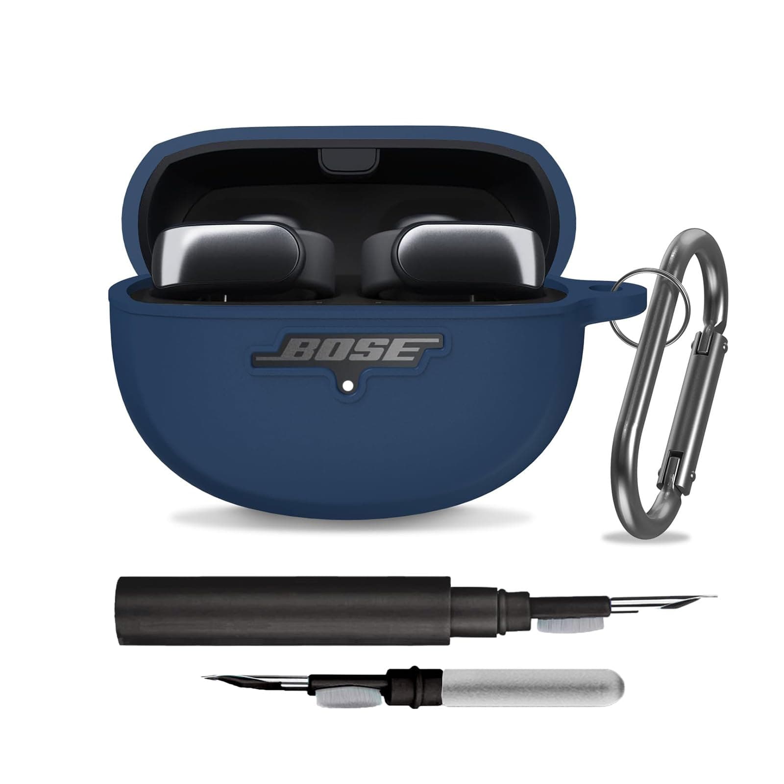Silicone Case Cover for New Bose Ultra Open Earbuds, Shockproof Protective Skin Case with 3-in-1 Cleaner Kit & Carabiner (Dark Blue, LED & Logo Visible)