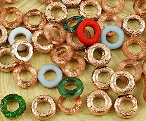 40pcs Matte Mix Metallic Capri Gold Copper Half Etched Rustic Czech Glass Flat Ring Beads O Shaped Large Hole Donut Beads 9mm