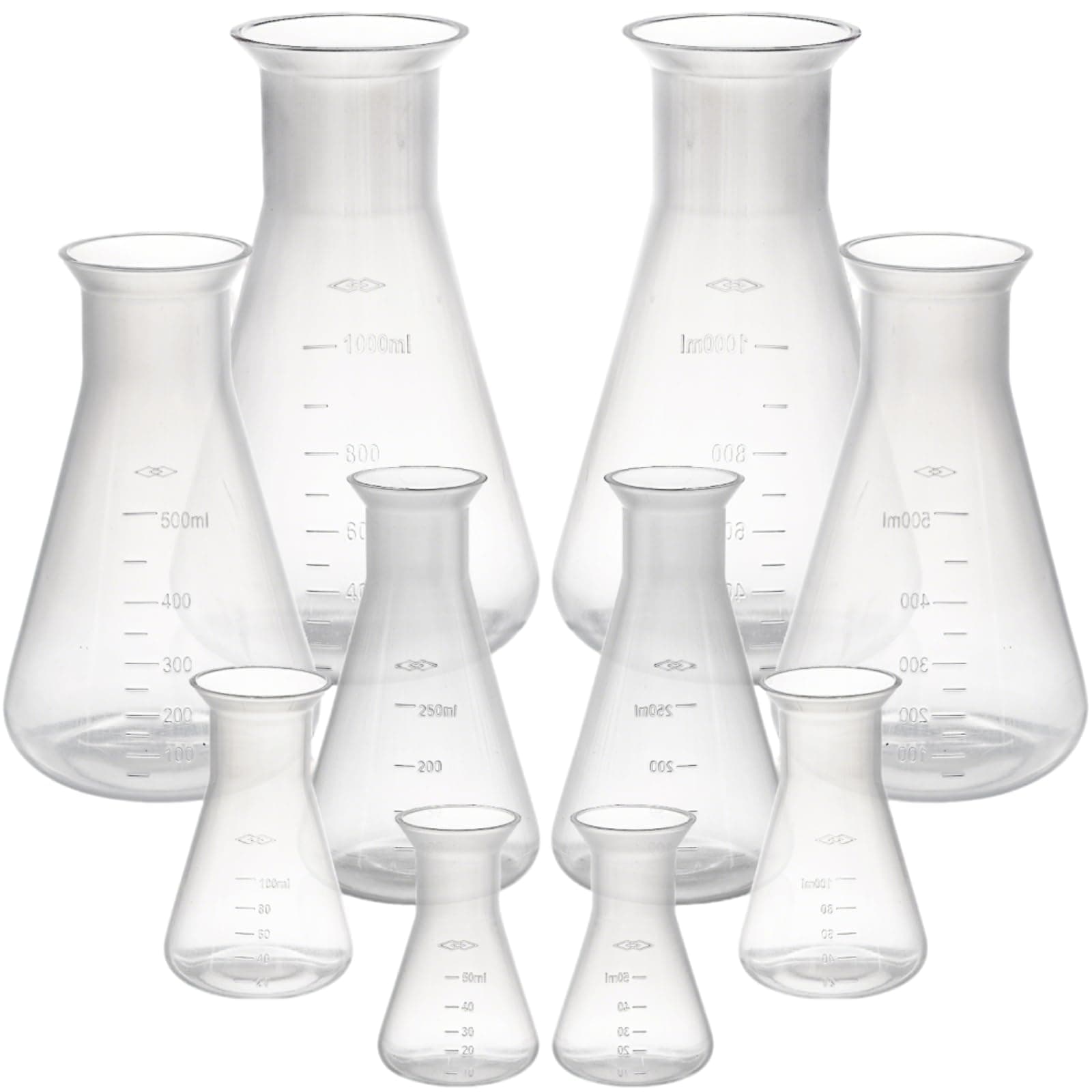 Covzoe 10 Pack Plastic Erlenmeyer Flask, Semi-Transparent Scientific Conical Flask for Teaching, Laboratory Chemical Erlenmey Education Learning Tool, 50ml, 100ml, 250ml, 500ml, 1000ml