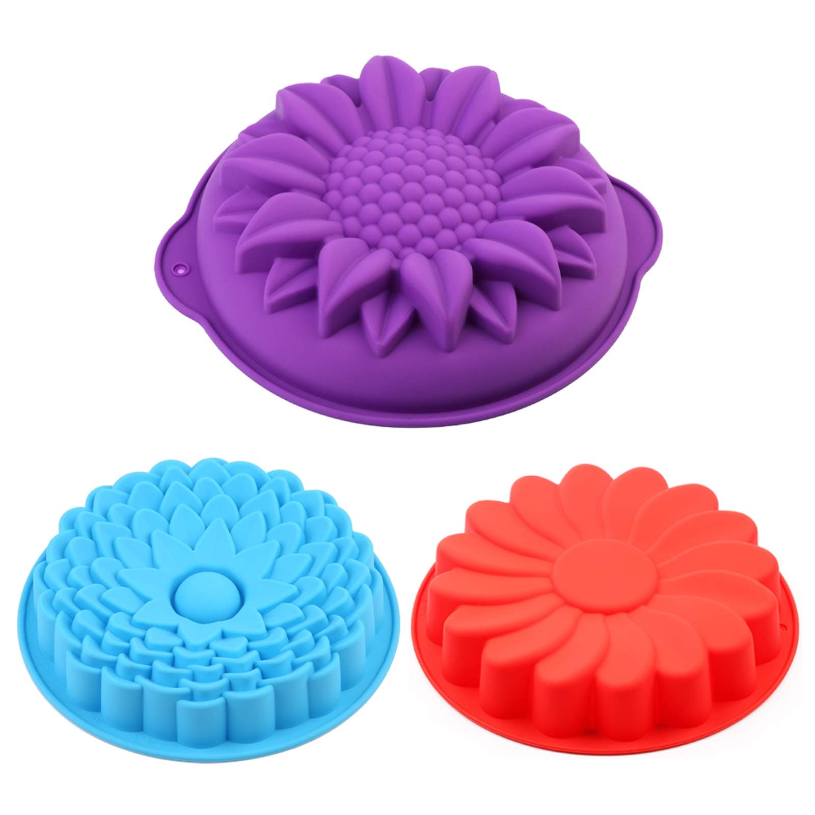 Silicone Cake Molds Bread Pie Flan Tart Molds Large Round Sunflower Chrysanthemum Shape Non-Stick Baking Trays for Birthday Party DIY -Blue Red Purple