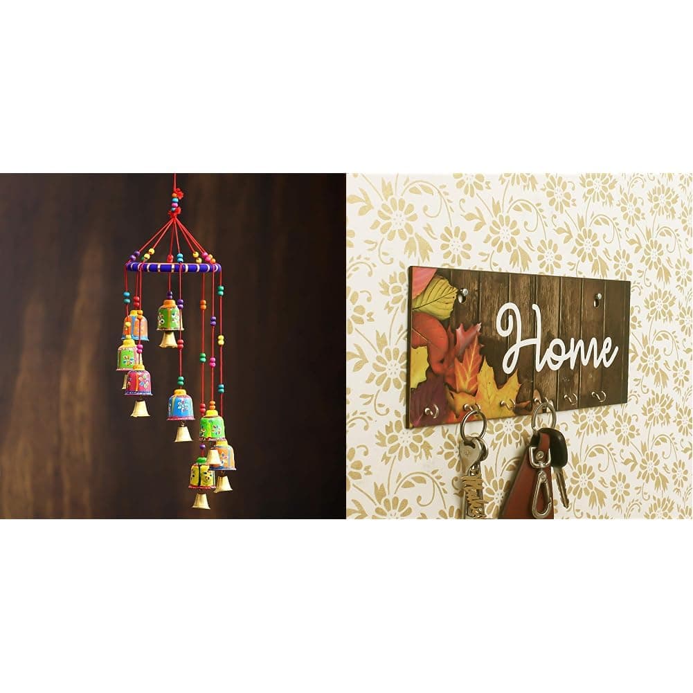 eCraftIndia handicrafted Decorative Wall/Door/Window Hanging Bells Wind Chimes Showpiece & eCraftIndia Home Theme Wooden Key Holder with 7 Hooks, Brown