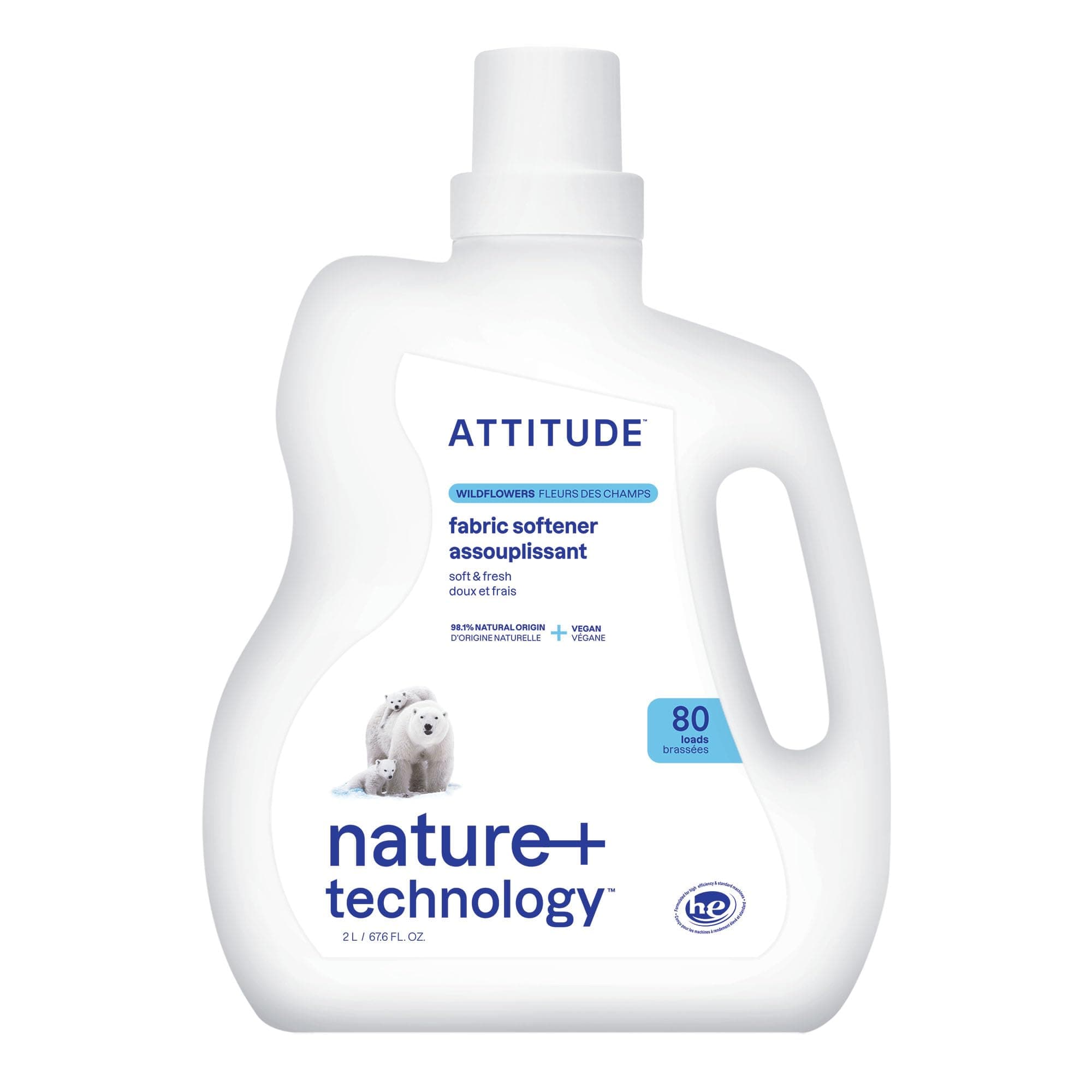 ATTITUDE Liquid Fabric Softener, Plant-Based & Vegan, HE Compatible, Naturally Derived, Wildflowers Scent, 80 Loads, 2 Liters