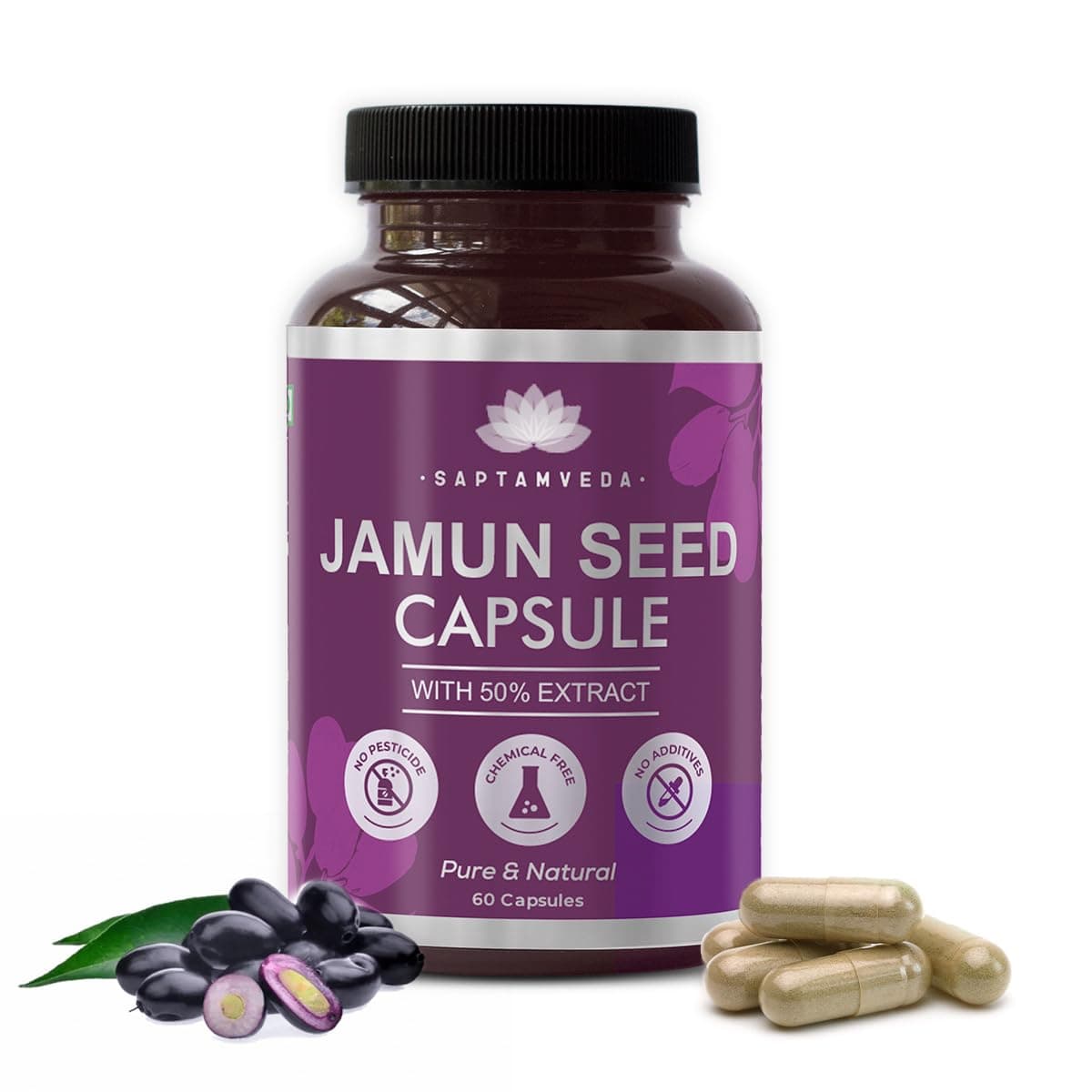 Natural Jamun Seed Powder Capsules With 50% Extract Pack 1,500 Mg (60 Capsules),Good For Heart & Liver,Promotes Healthy Digestion,Lower Blood Sugar,Helps In Detoxification