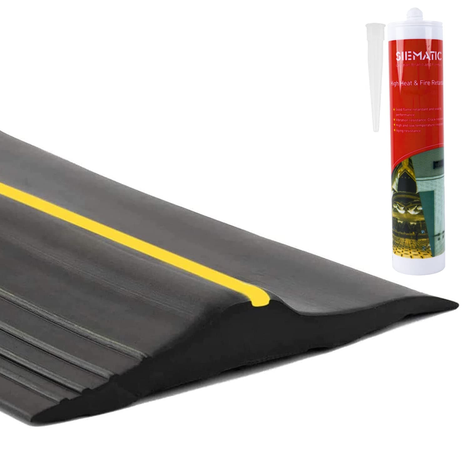 10Ft/3M Universal Garage Door Rubber Threshold Strip with 300ml Black Adhesive/Sealant, Weatherproof Seal Strip DIY Weather Stripping Replacement (Black+Yellow)