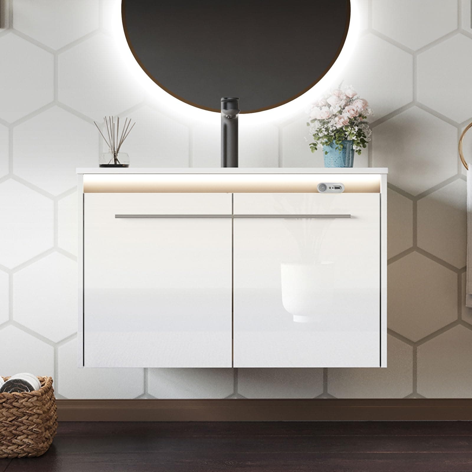 AMERLIFE 31" LED Floating Bathroom Vanity with Sink, High Gloss Single Sink Wall Mounted Bathroom Storage Vanity Cabinet with Metal Handles, White