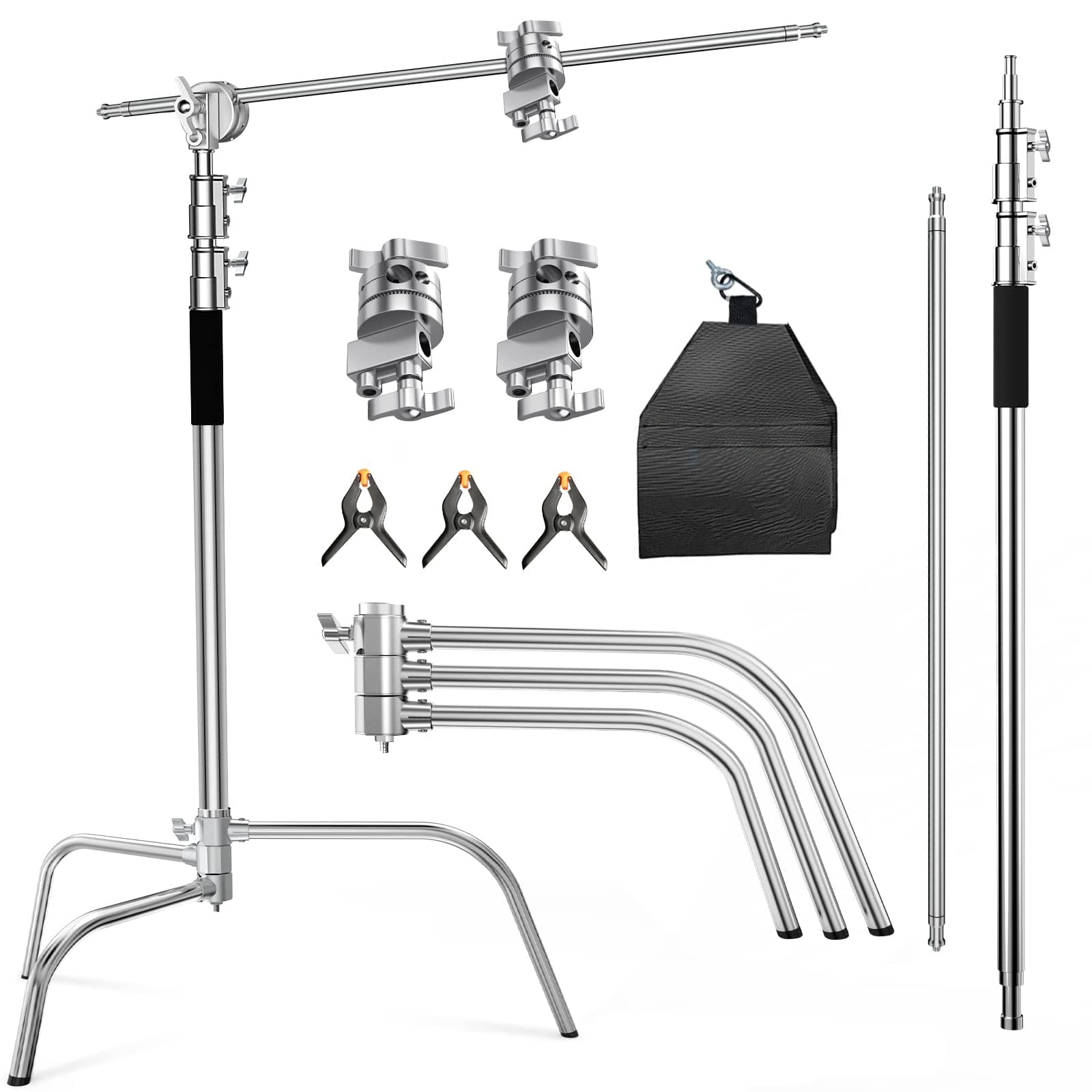 C Stand With Boom Arm - Photography Light Stand, Max Height 10.5ft/320cm, 4.2ft/128cm Holding Arm, Stainless Steel Heavy Duty Silver (CXJH01)