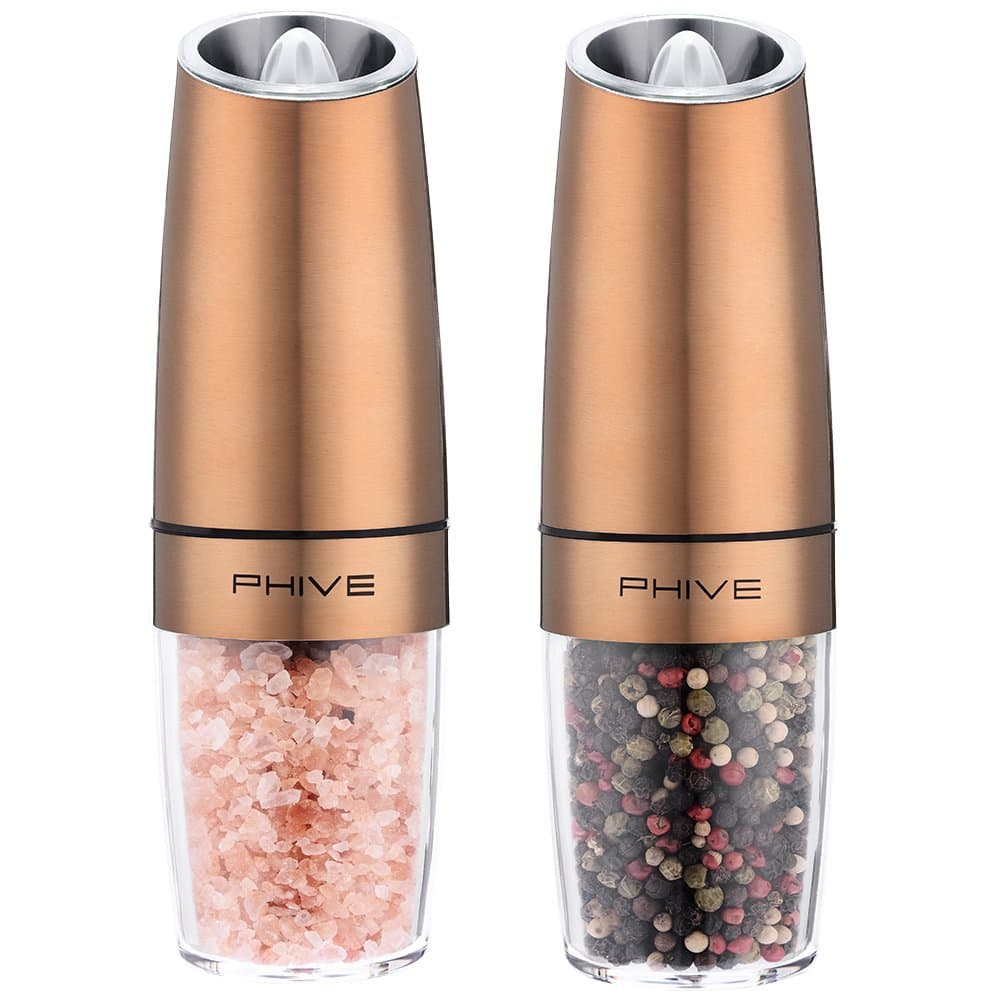 Electric Salt and Pepper Grinder Set, PHIVE Gravity Salt Mill Pepper Mill Set with LED Light, Adjustable Coarseness, Stainless Steel, Battery Operated Automatic Salt and Pepper Shakers