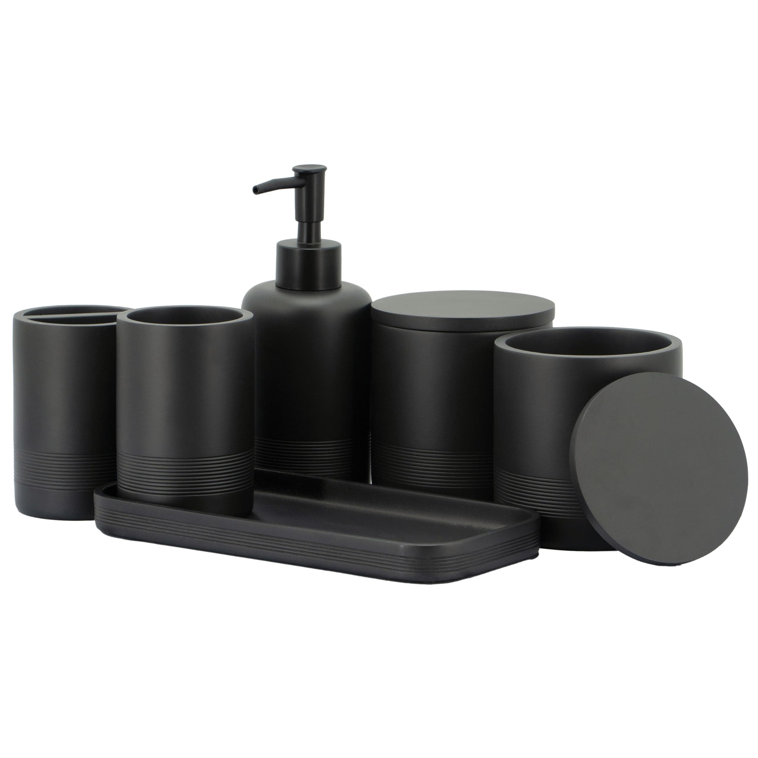 ZCCZ - Black Matte Bathroom Accessories Set 6 Pcs - Toothbrush Holder, Lotion Soap Dispenser, 2 Qtip Holder Dispenserr, Vanity Tray, Bathroom Tumbler - Decorative Countertop Vanity Organizer