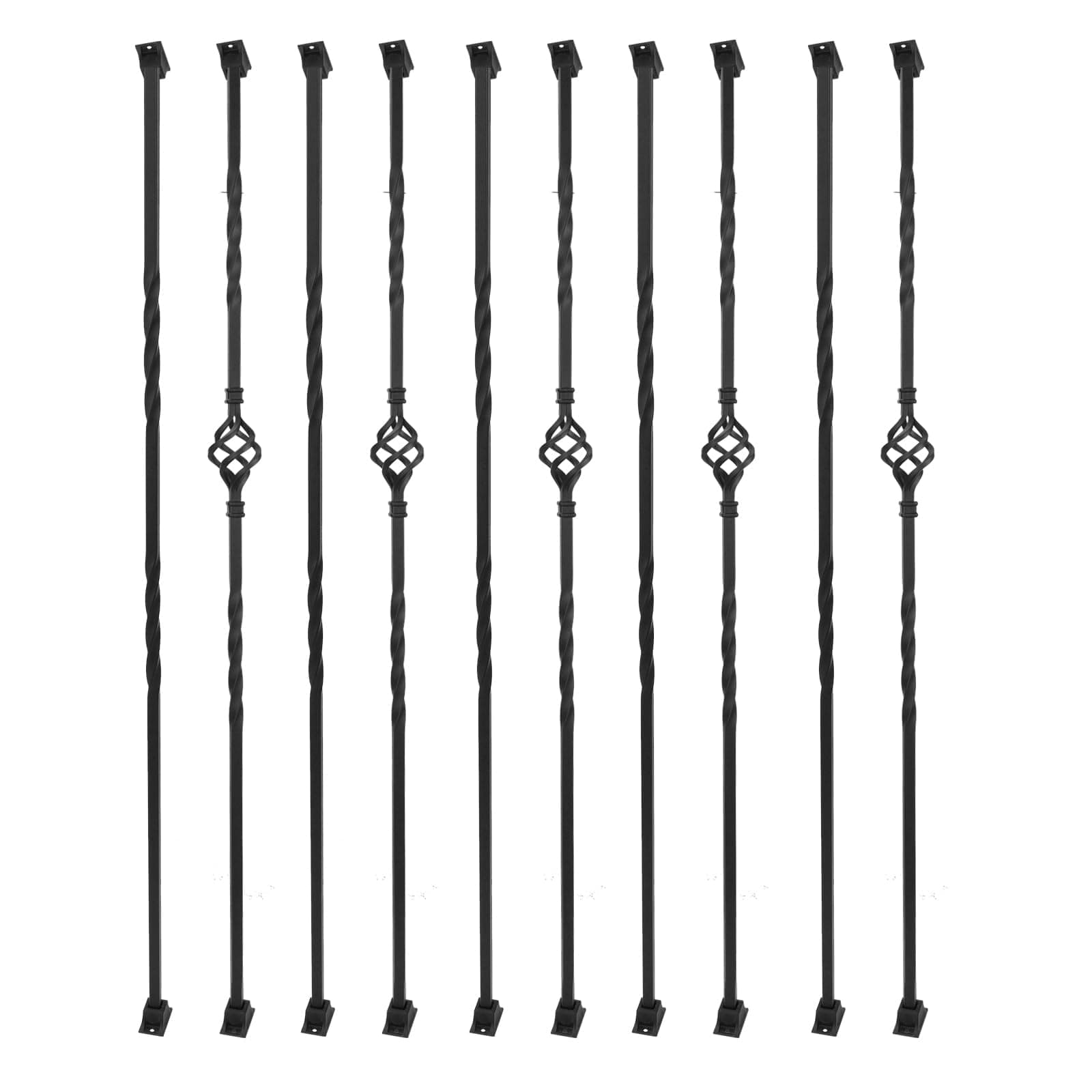 Sidasu 10 Pack Iron Balusters for Staircase Stair Spindles Hollow Single Basket with Double Twist 1/2" Square Metal Stair Balusters with 20 Baluster Swivel Shoes