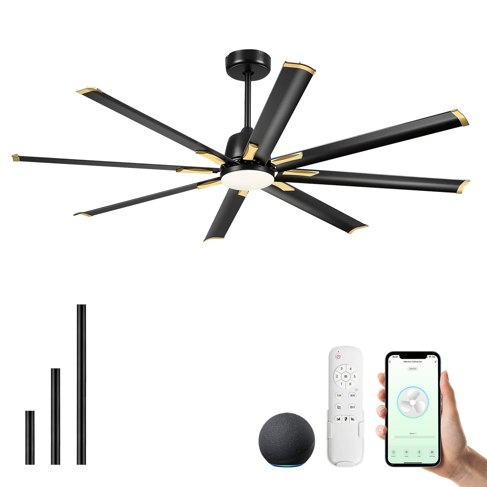 72 Inch Smart Industrial Ceiling Fan with Light and Remote Control,Large Ceiling fan with 8 Aluminium Blades,Black and Gold Outdoor Ceiling Fans for Home or Exterior, CF72BG-LK