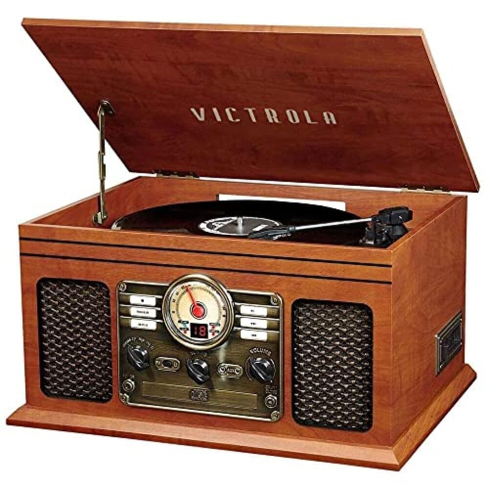 Victrola The Quincy 6-in-1 Bluetooth Record Player & Multimedia Center with Built-in Speakers – 3-Speed Turntable, CD & Cassette Player, FM Radio, Wireless Music Streaming (Mahogony)
